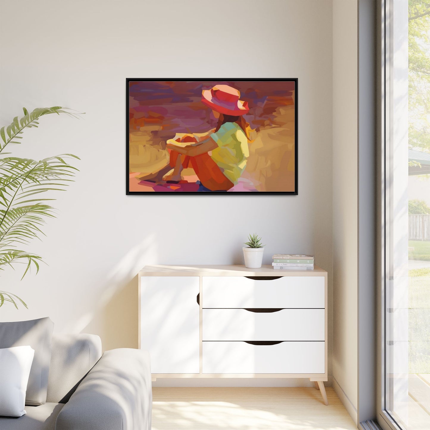Framed Matte Canvas — Colorful Seated Girl Beach Art