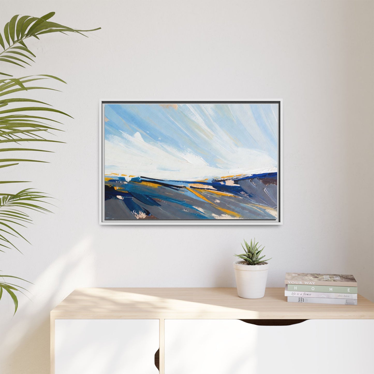 Framed Abstract Seascape Canvas Print — Matte Multi‑Color Wall Art