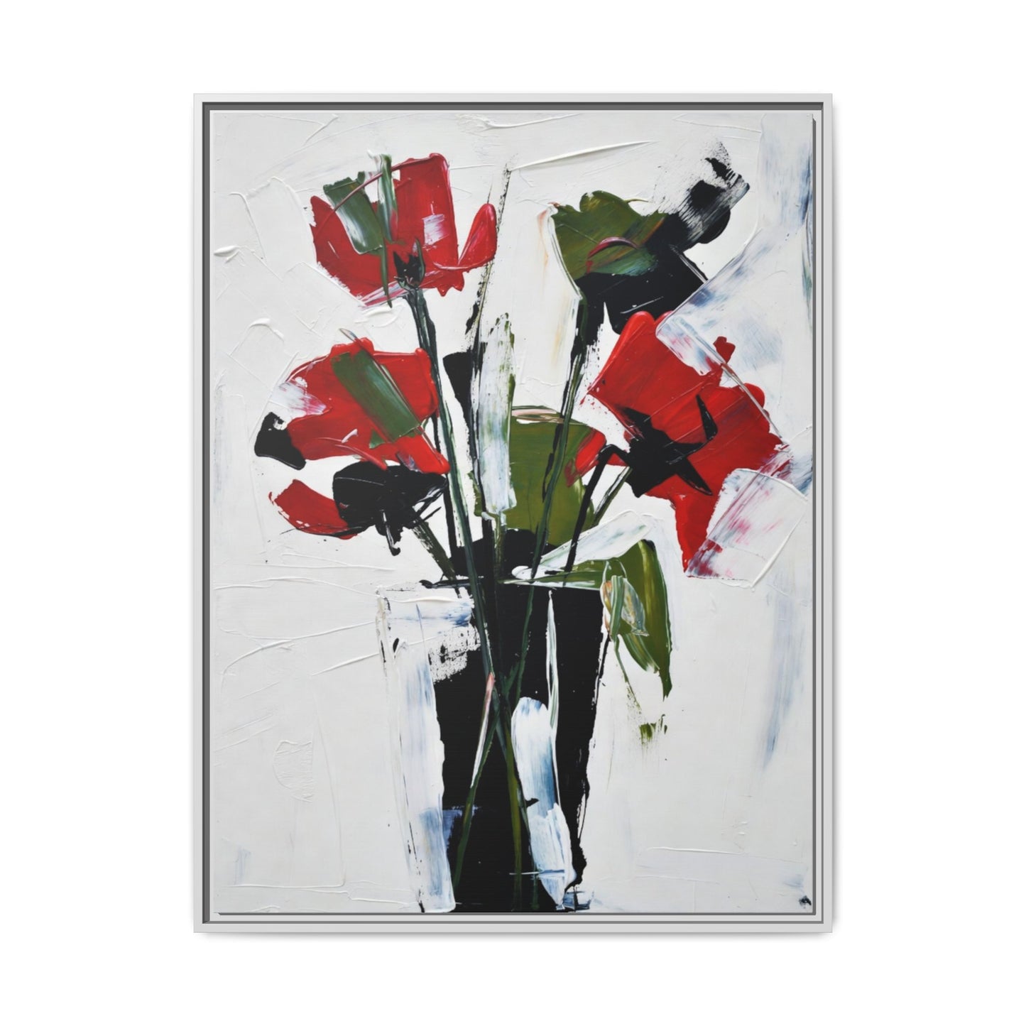 Framed Abstract Floral Canvas Print — Red Poppies in Black Vase