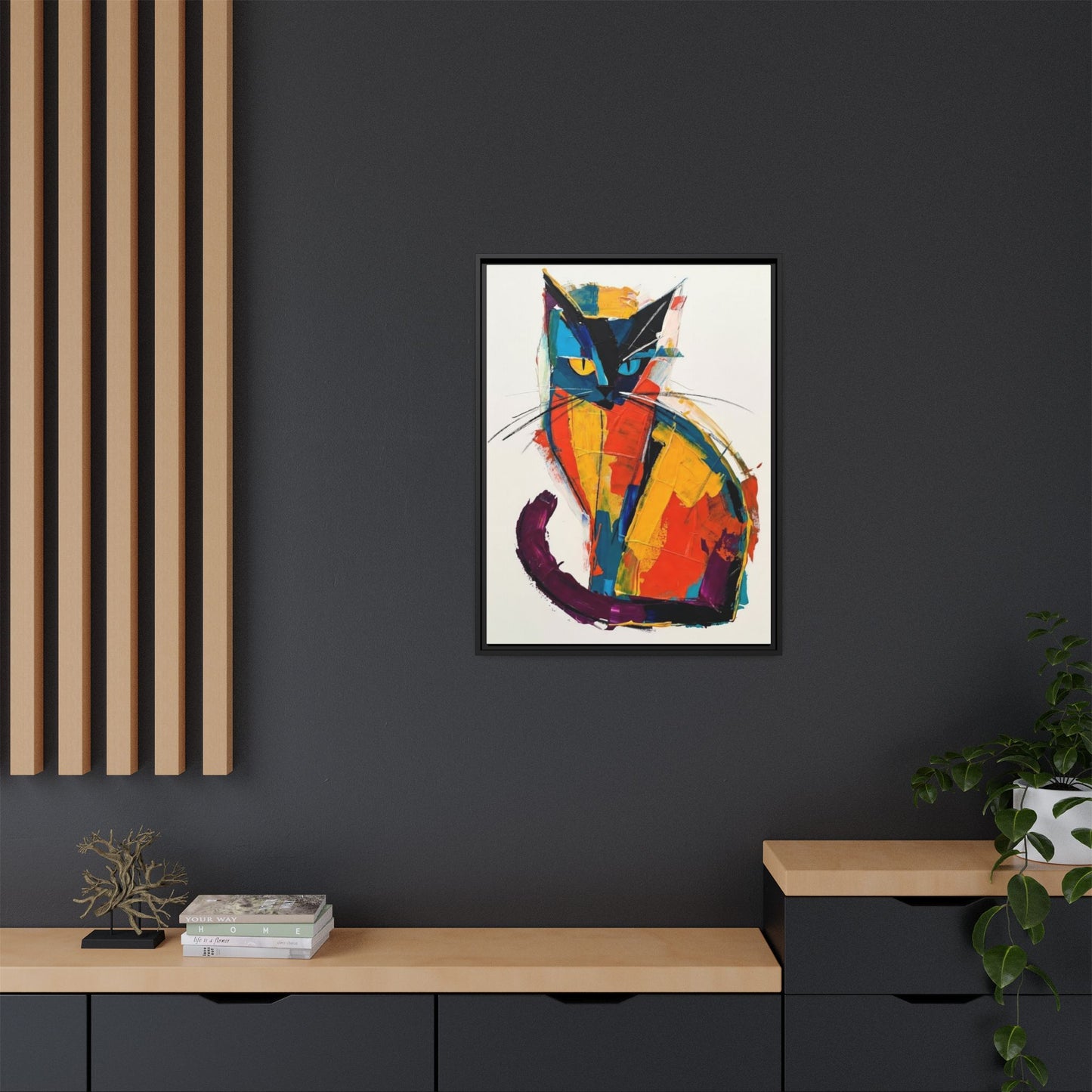 Colorful Abstract Cat Framed Canvas — Modern Matte Wall Art