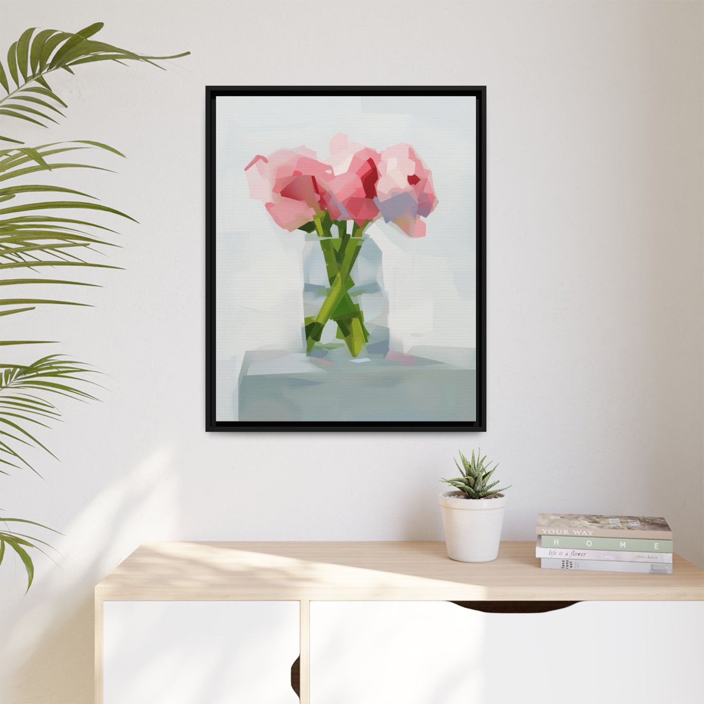 Framed Floral Canvas Art — Pink Peonies in Vase (Matte)