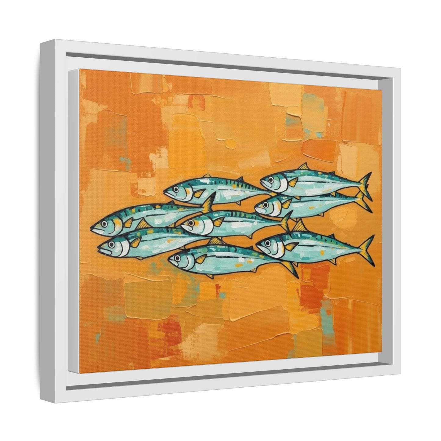 Framed Matte Canvas Print — School of Blue Fish on Orange Abstract Background