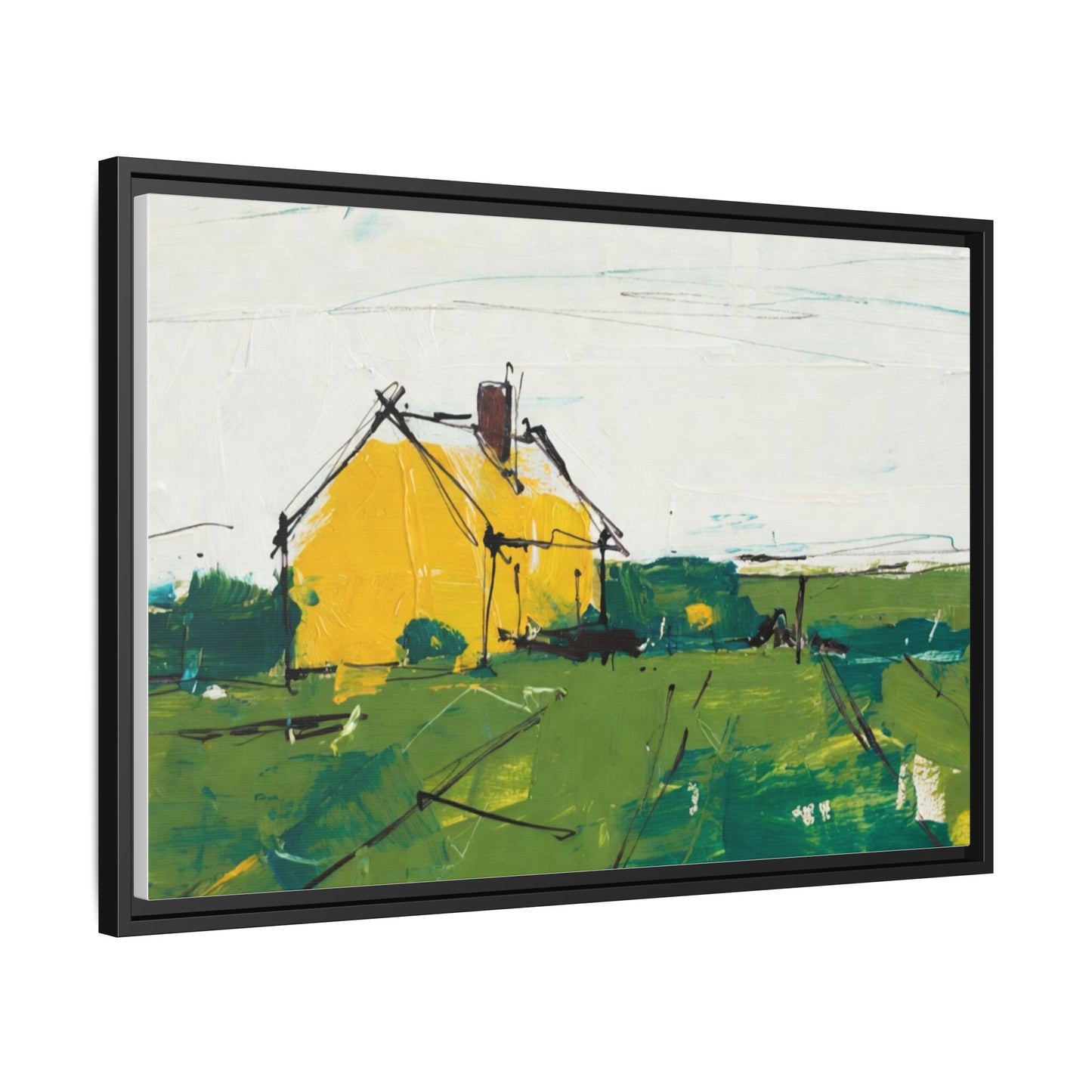 Yellow Cottage Landscape Framed Canvas Print