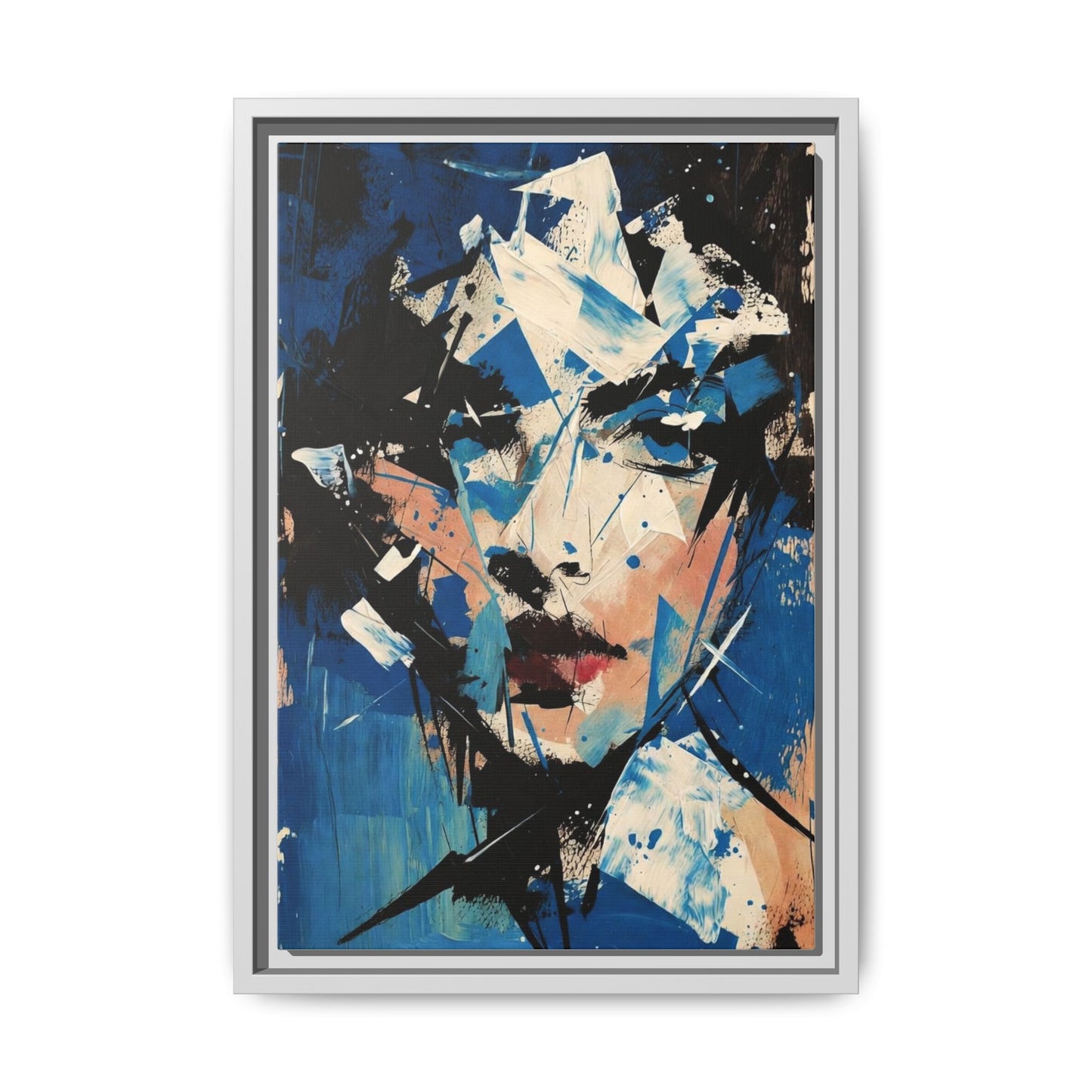 Abstract Portrait Matte Canvas Framed Wall Art — Blue Mixed-Media Face Print