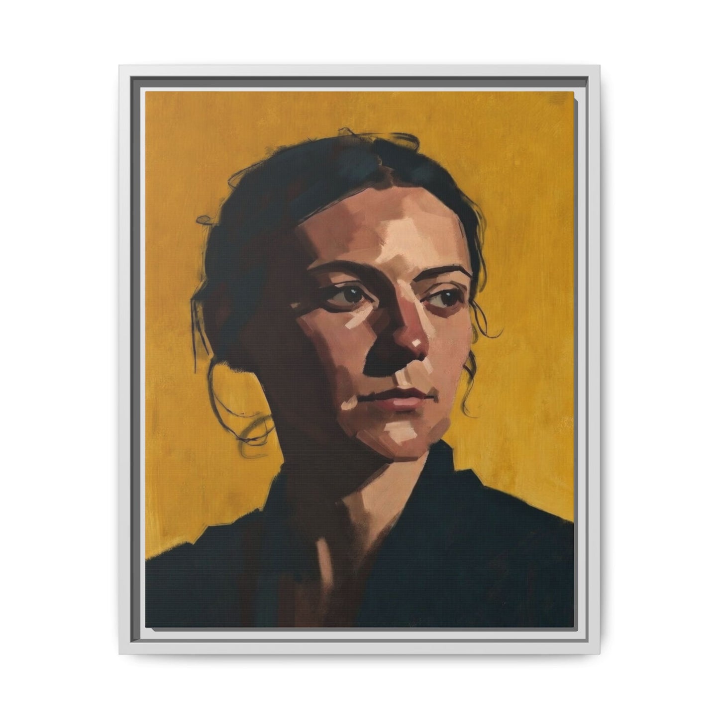 Framed Matte Canvas Portrait Art — Moody Woman on Mustard Background