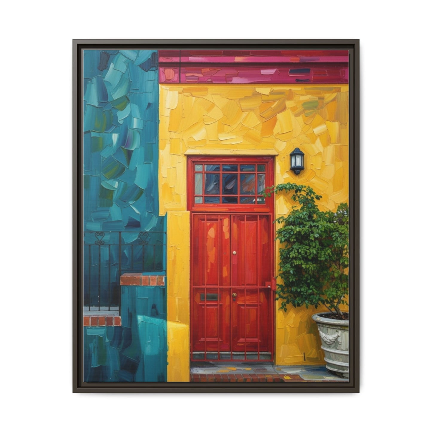 Framed Matte Canvas Wall Art — Colorful Red Door on Yellow Facade