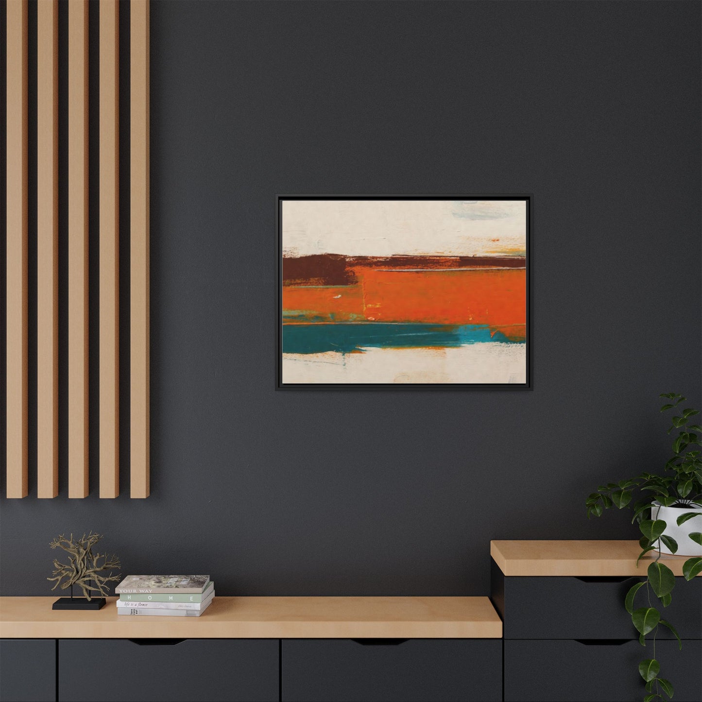Abstract Horizon Matte Canvas Framed Print — Modern Orange Teal Wall Art