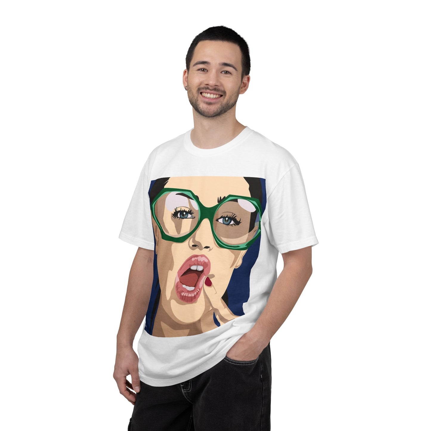 Pop Art Woman Graphic T‑Shirt — Retro Chic Green Glasses Design