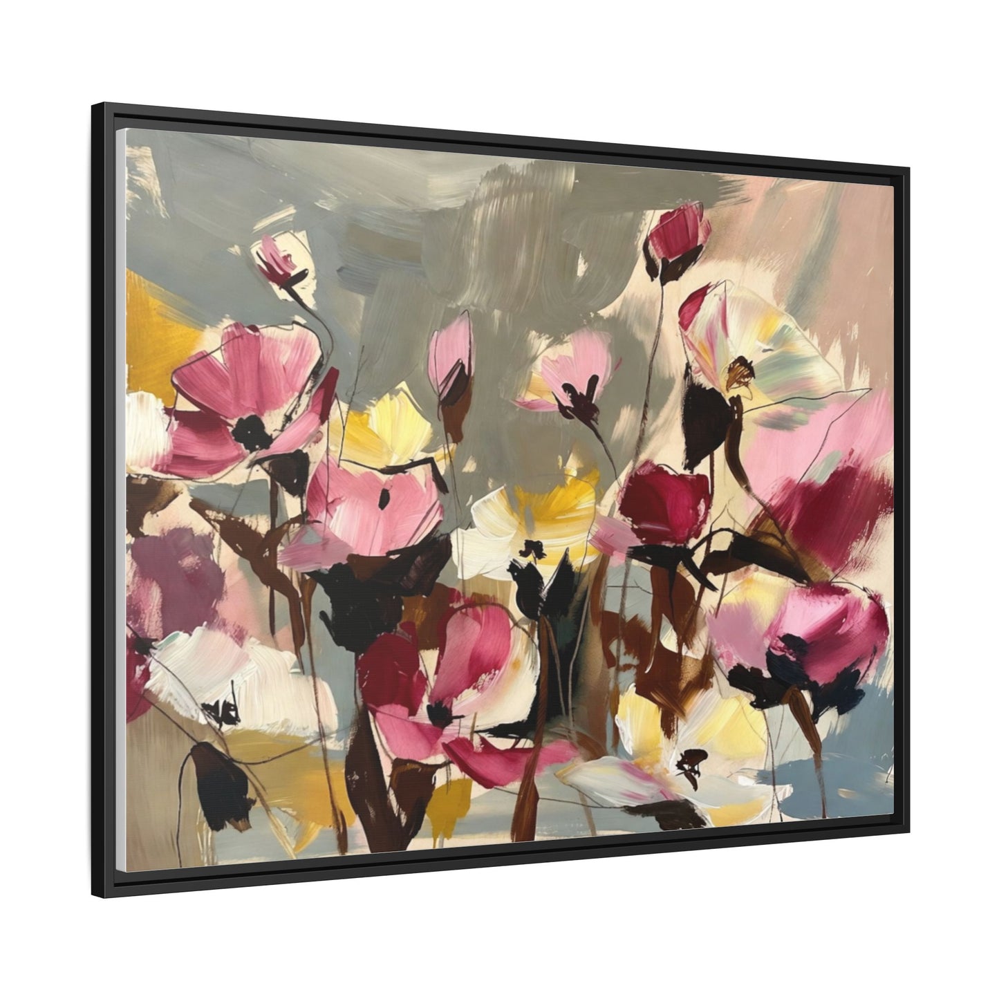 Framed Floral Canvas Wall Art — Abstract Pink & Yellow Flowers