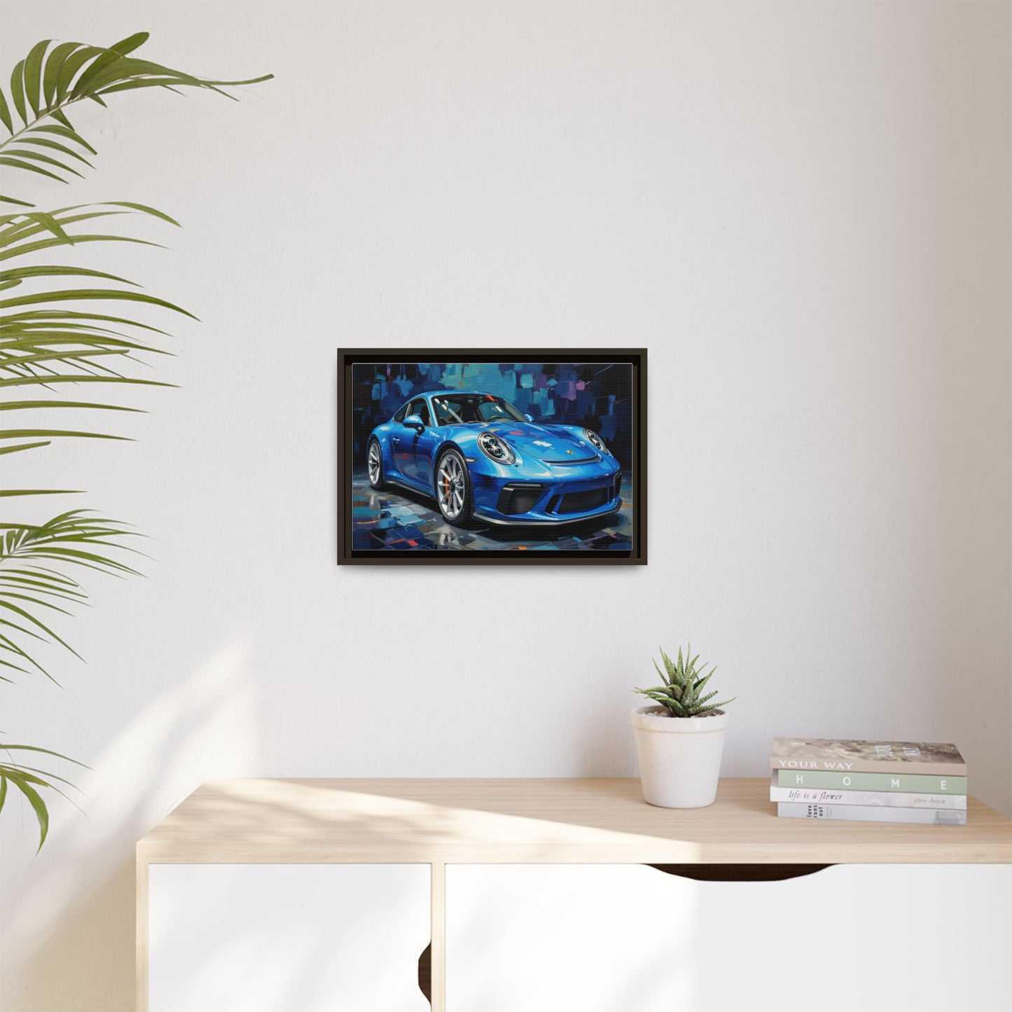 Blue Sports Car Matte Canvas Framed Print — Modern Automotive Wall Art