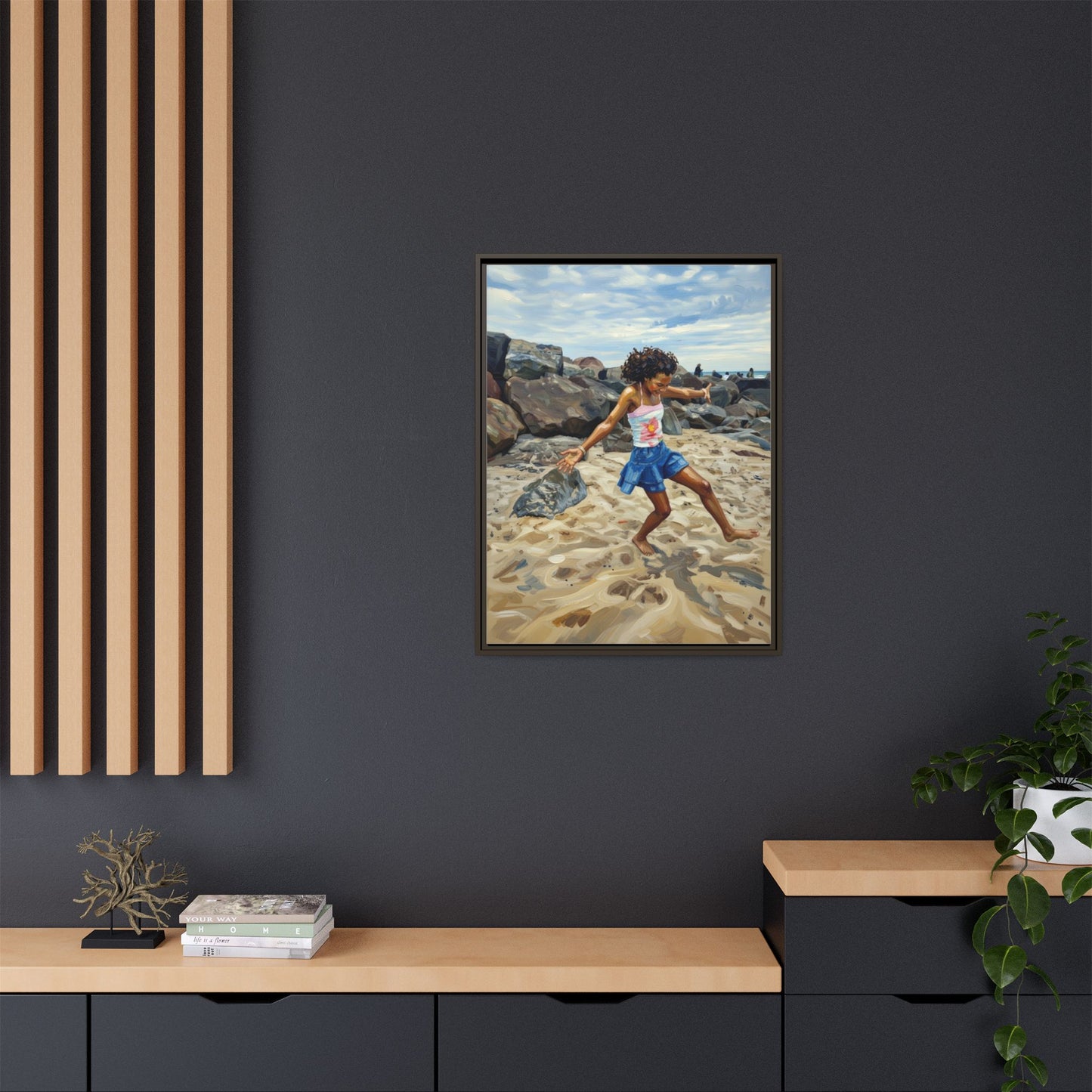 Framed Canvas Art - Girl Dancing on the Beach (Matte Multi-Color)