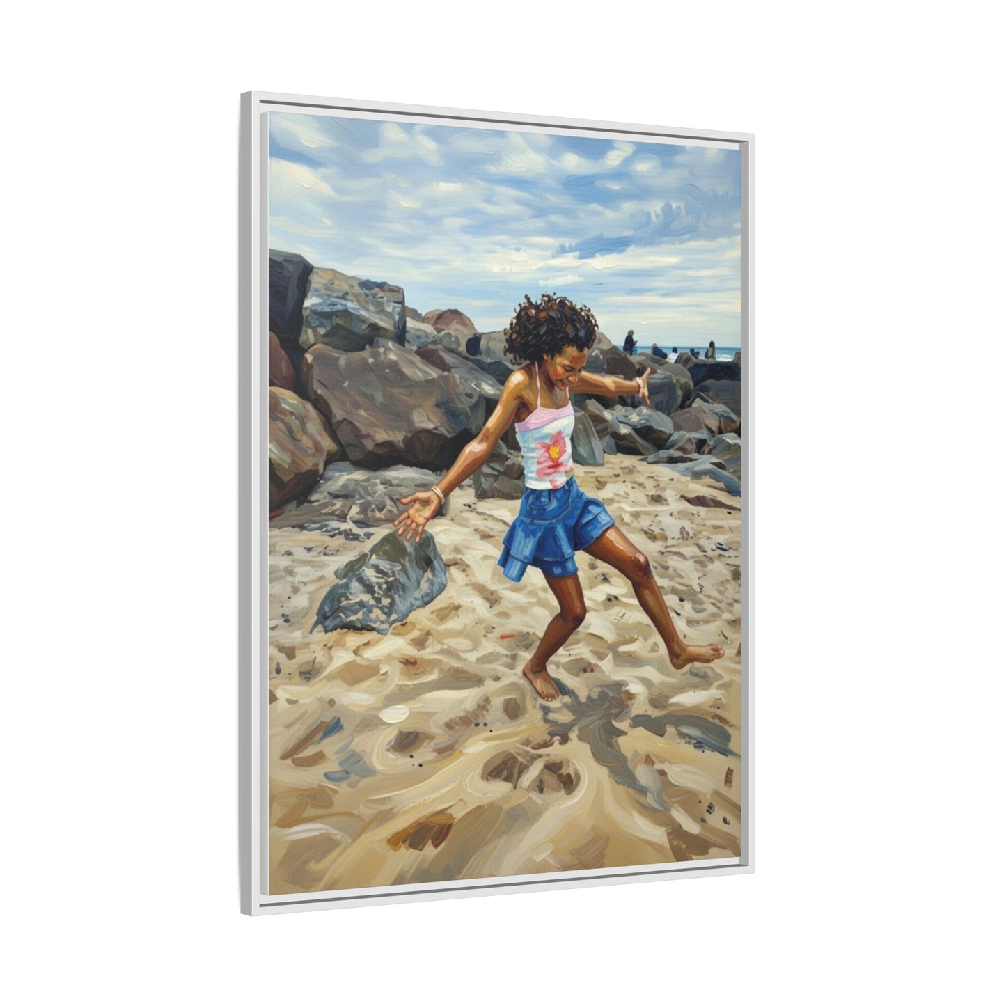 Framed Canvas Art - Girl Dancing on the Beach (Matte Multi-Color)