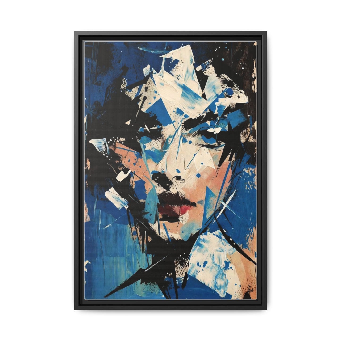 Abstract Portrait Matte Canvas Framed Wall Art — Blue Mixed-Media Face Print