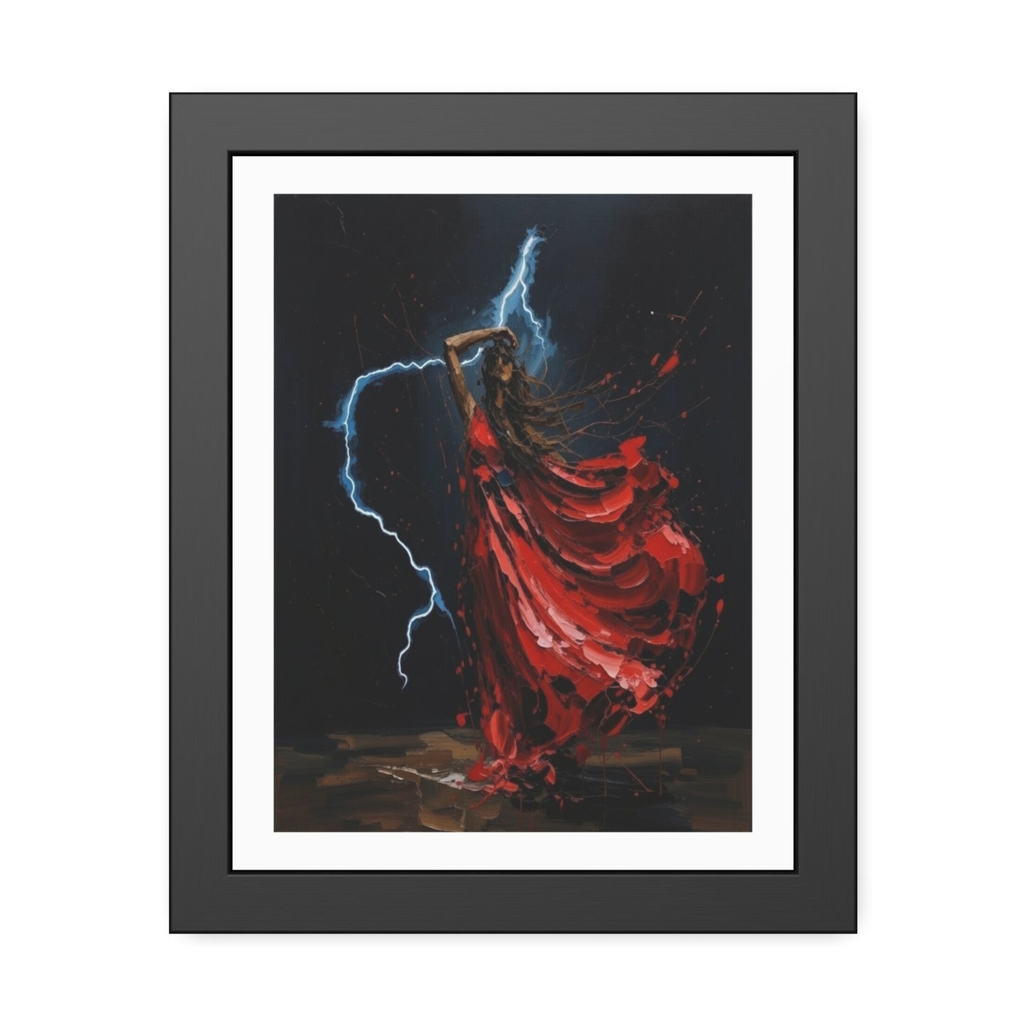 Framed Poster — Red-Dressed Dancer with Lightning Art Print