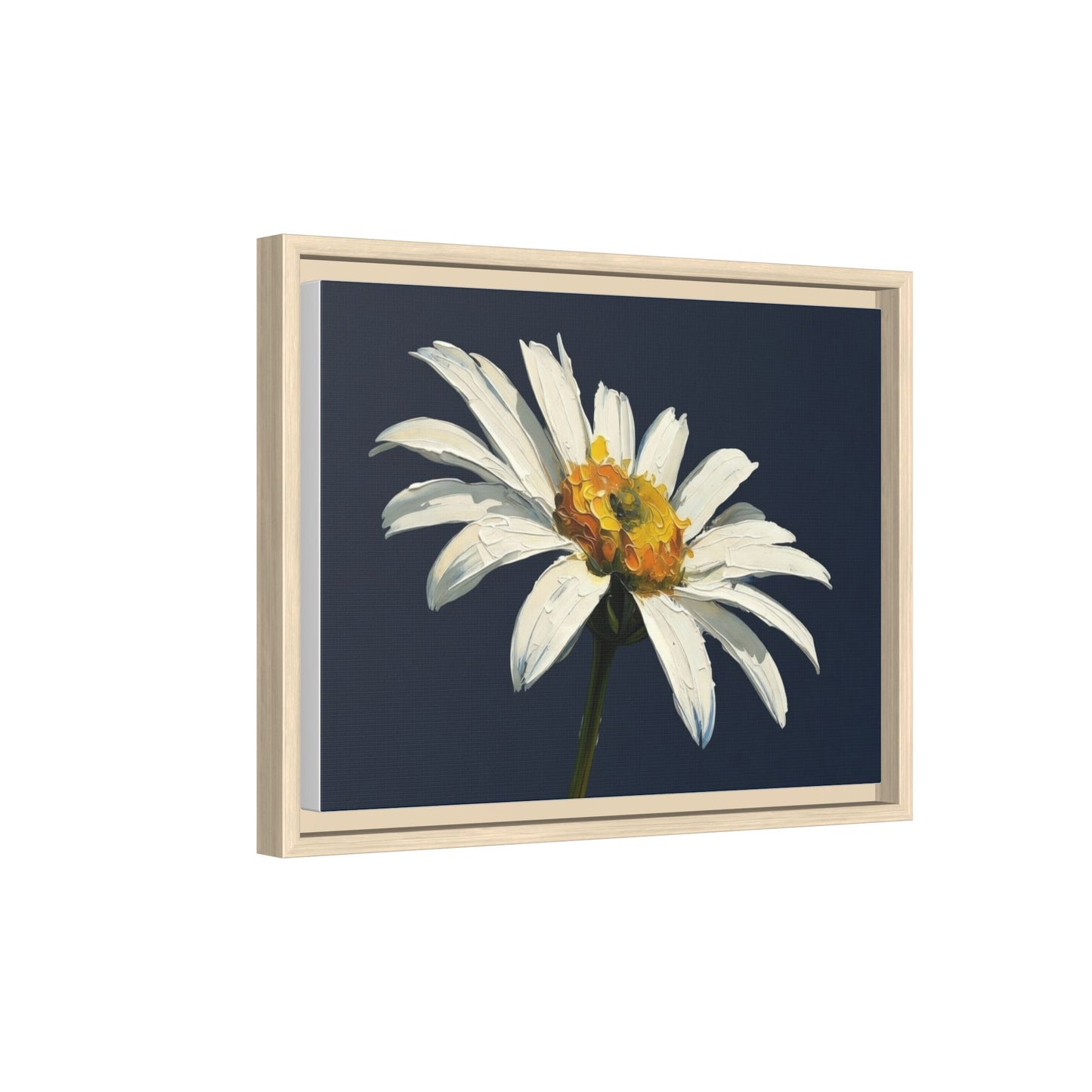 Framed Matte Canvas Daisy Wall Art — White Floral Painting on Navy