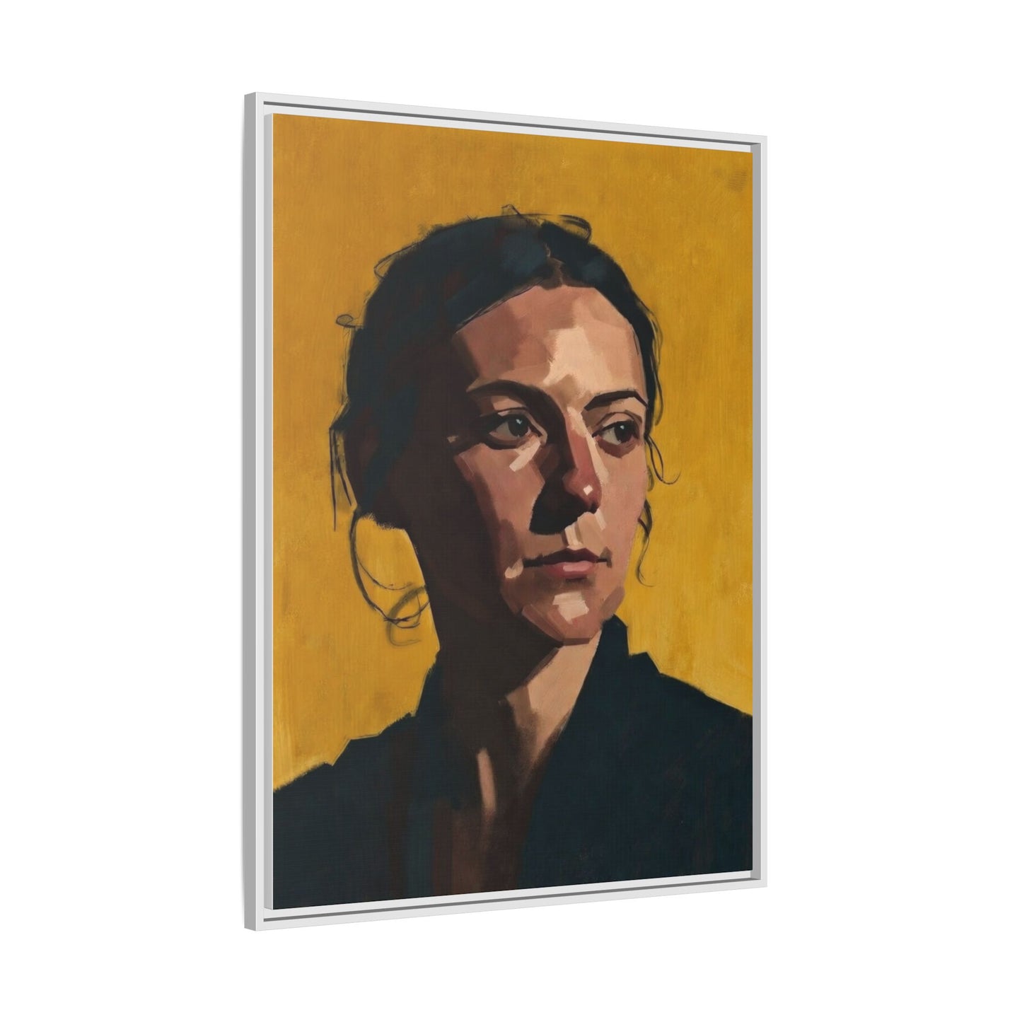 Framed Matte Canvas Portrait Art — Moody Woman on Mustard Background