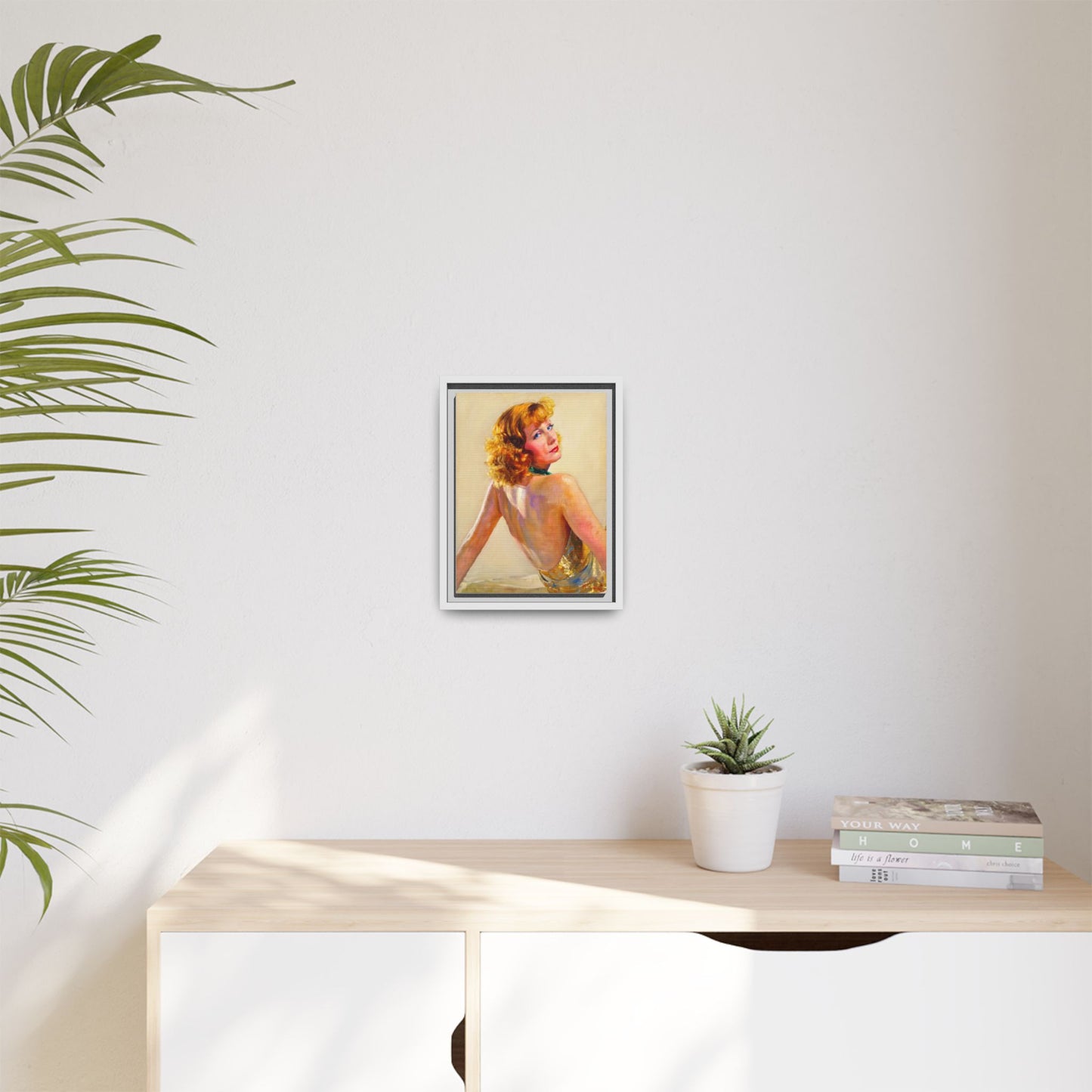 Framed Matte Canvas Print — Vintage Portrait of Redhead Greta Garbo in Gold Dress