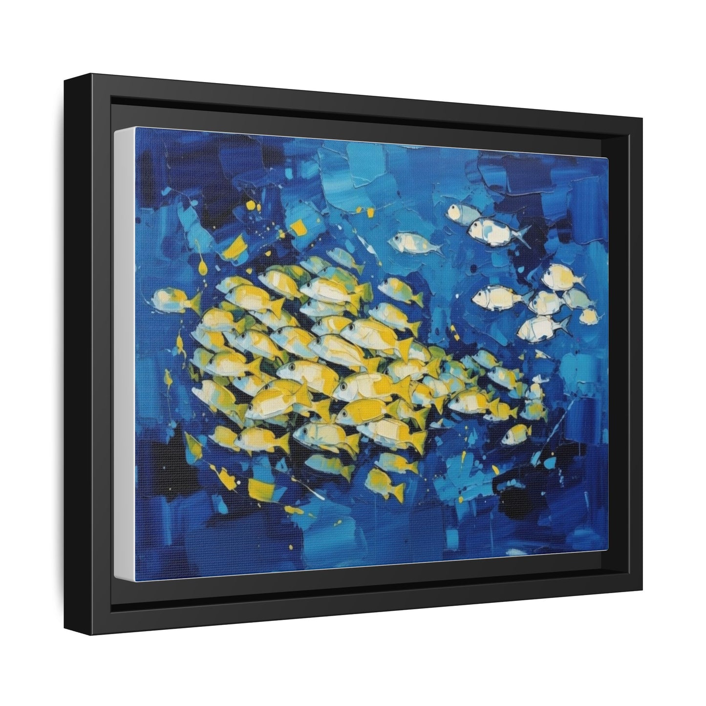 Framed Matte Canvas: Blue School of Fish Wall Art