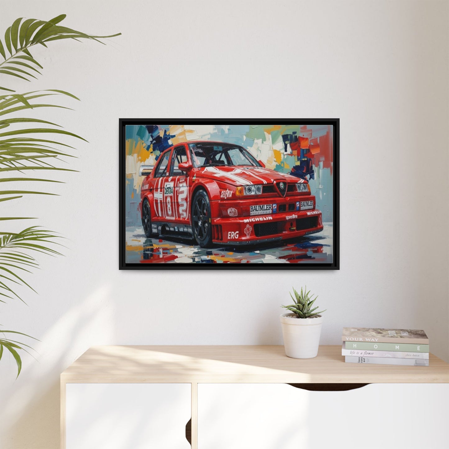 Framed Racing Car Canvas Print — Red Alfa Romeo Track Art