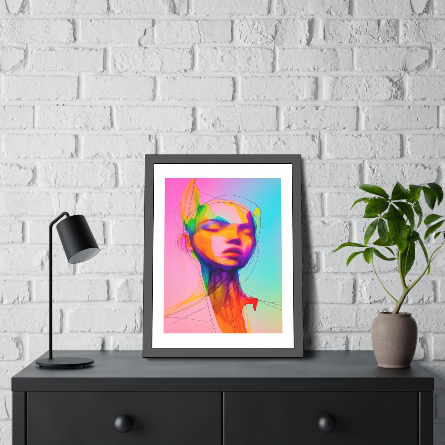 Framed Poster — Vibrant Neon Abstract Portrait Art Print