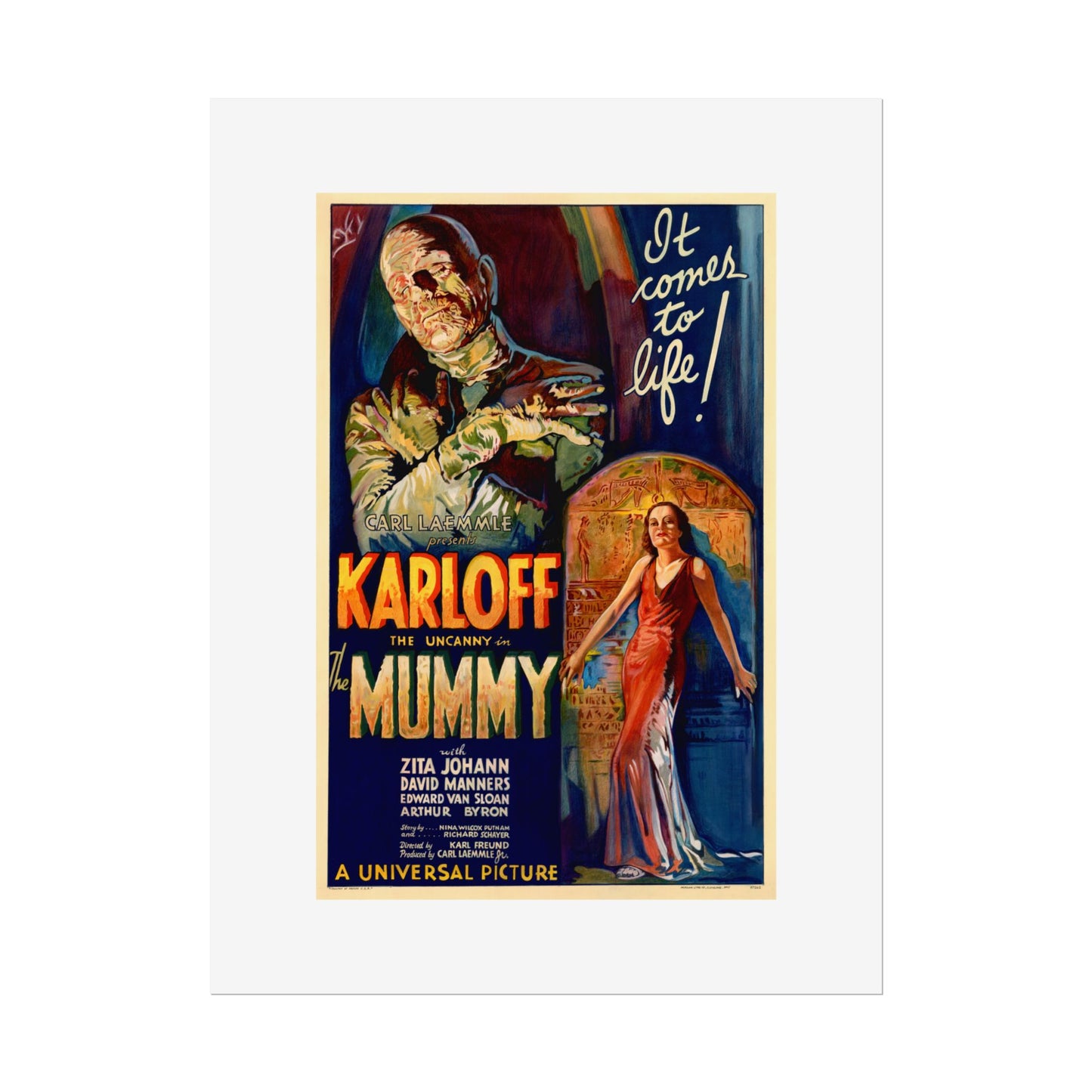 The Mummy 1932 film poster by Karoly Grosz Wall Art Print (Karloff "It Comes to Life!")