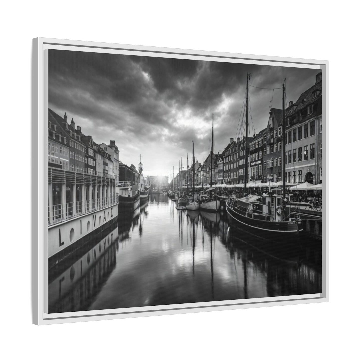Framed Matte Canvas: Black & White Dutch Canal Photography Wall Art