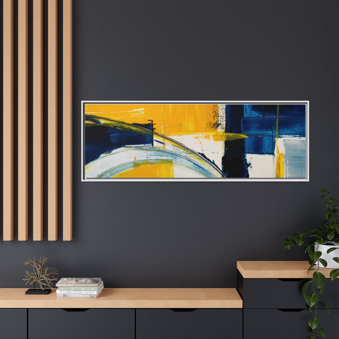 Abstract Yellow & Blue Framed Canvas Wall Art — Modern Matte Canvas Print