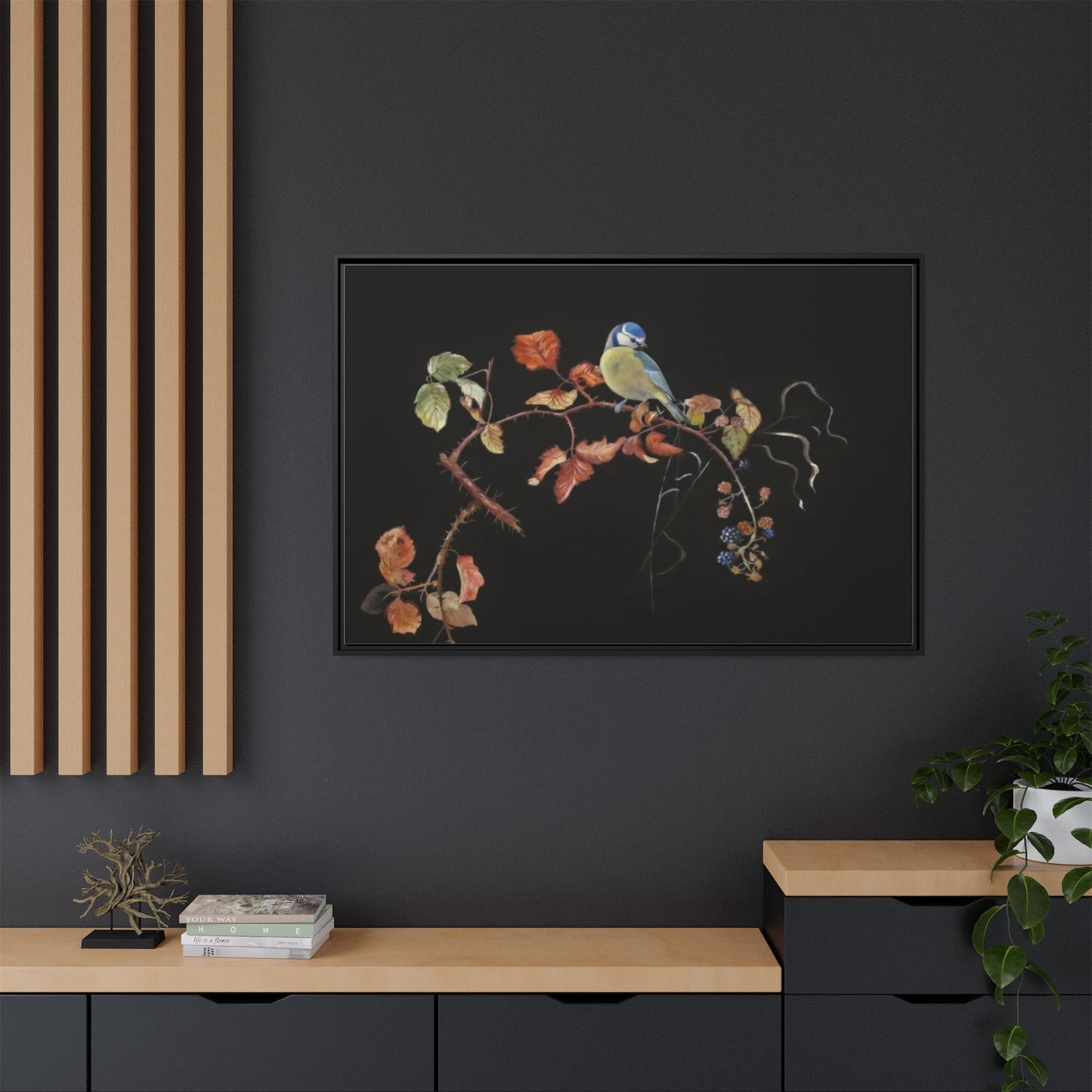 Framed Matte Canvas - Blue Tit on Autumn Branch Wall Art