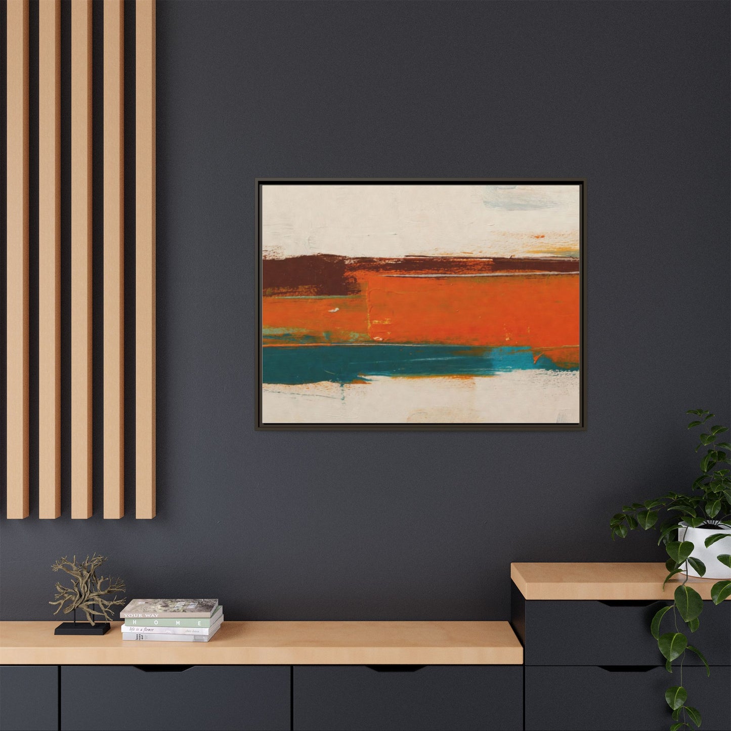 Abstract Horizon Matte Canvas Framed Print — Modern Orange Teal Wall Art