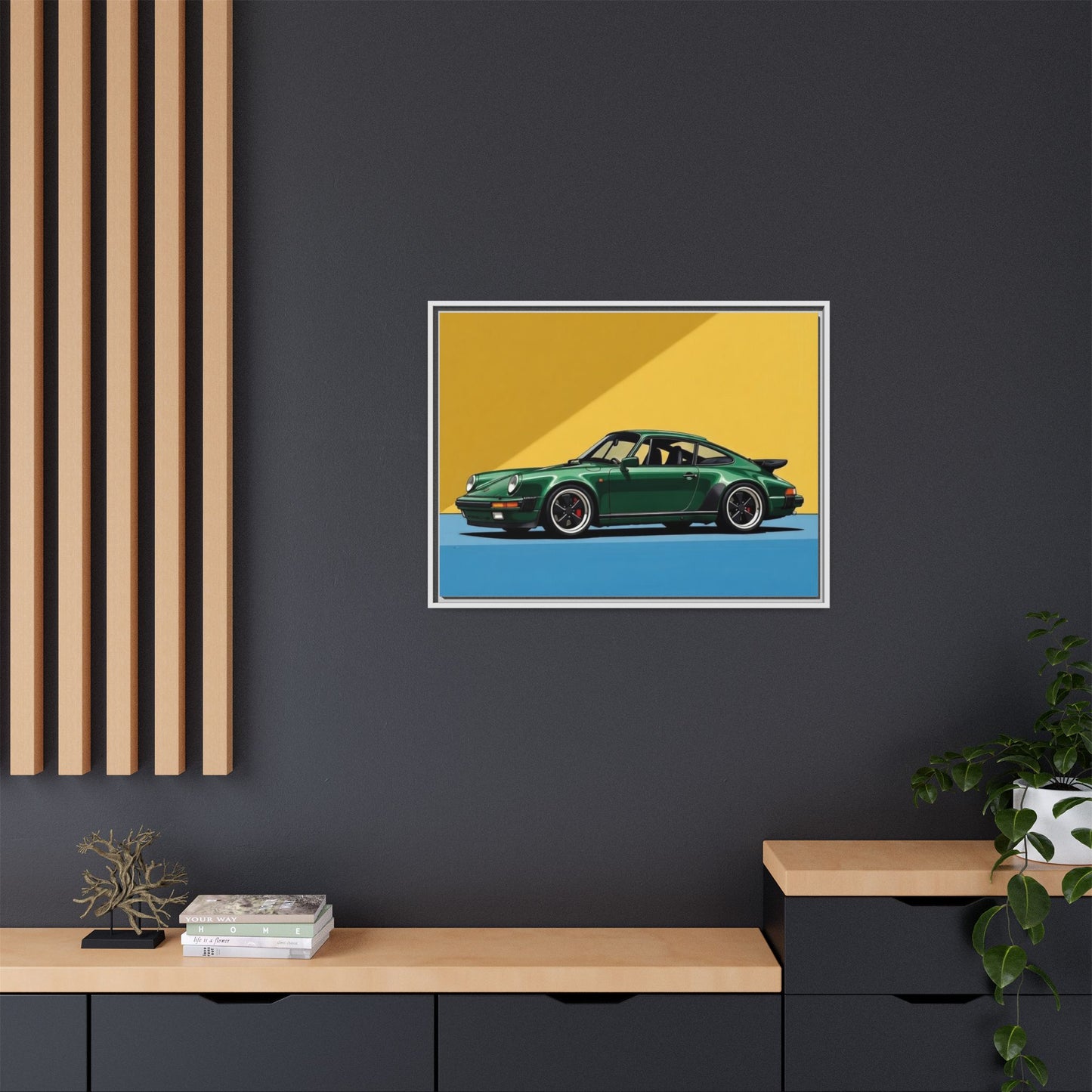 Framed Matte Canvas — Green Sports Car Wall Art