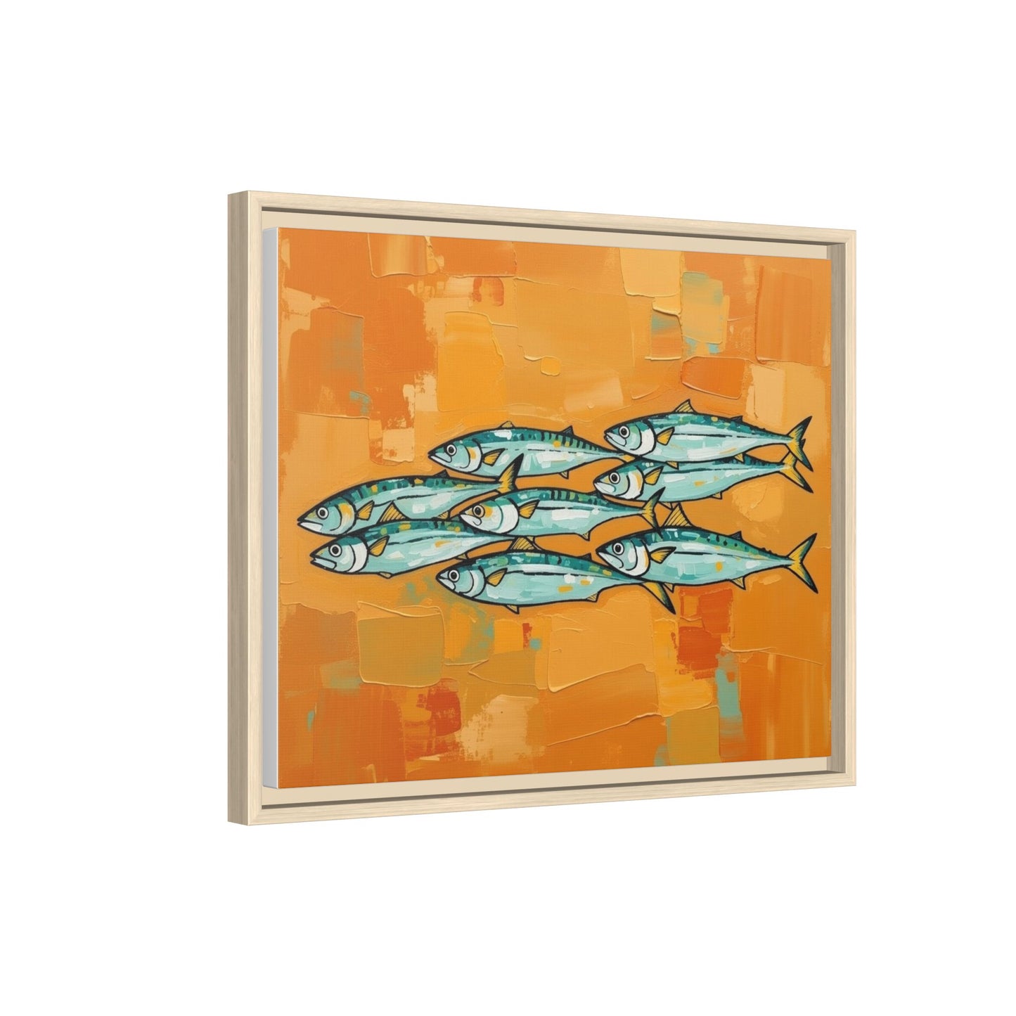 Framed Matte Canvas Print — School of Blue Fish on Orange Abstract Background