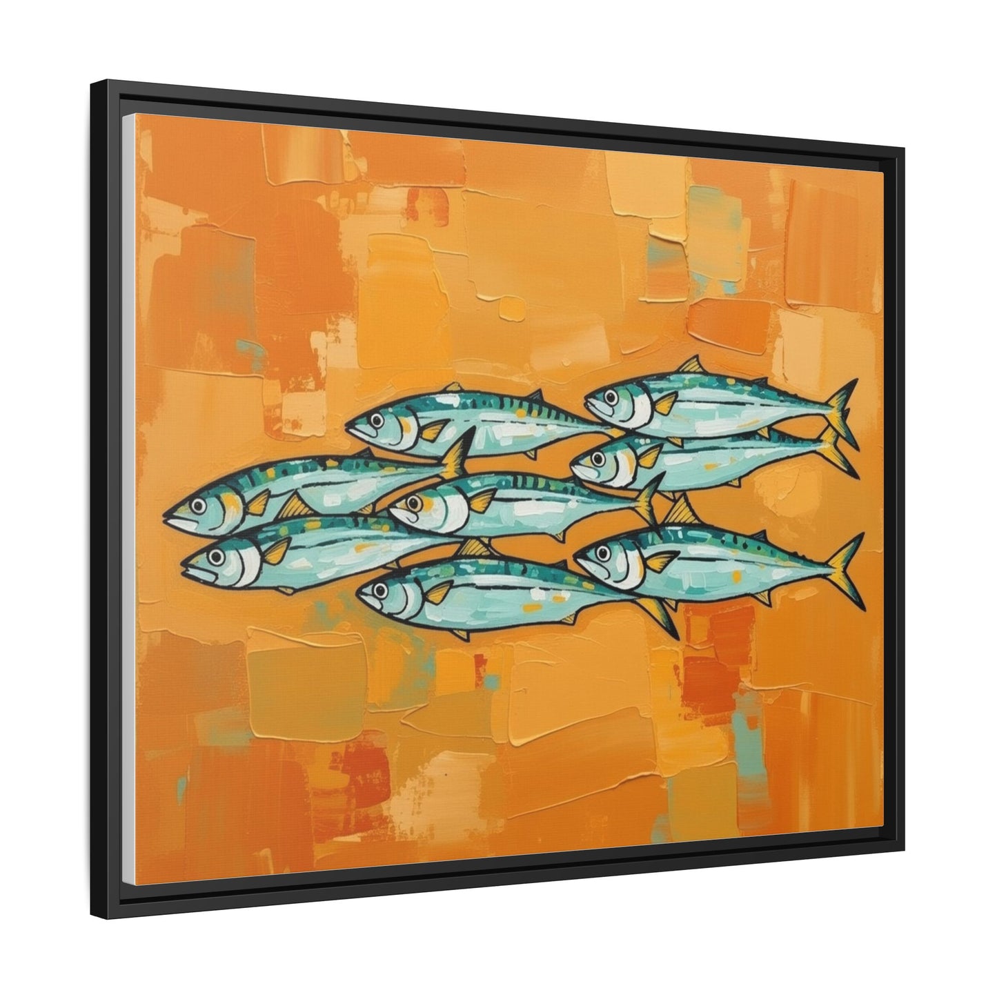 Framed Matte Canvas Print — School of Blue Fish on Orange Abstract Background