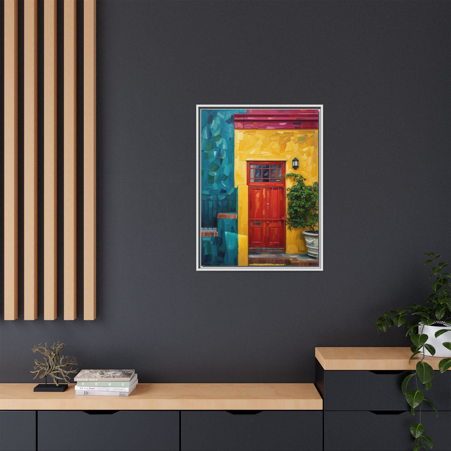 Framed Matte Canvas Wall Art — Colorful Red Door on Yellow Facade
