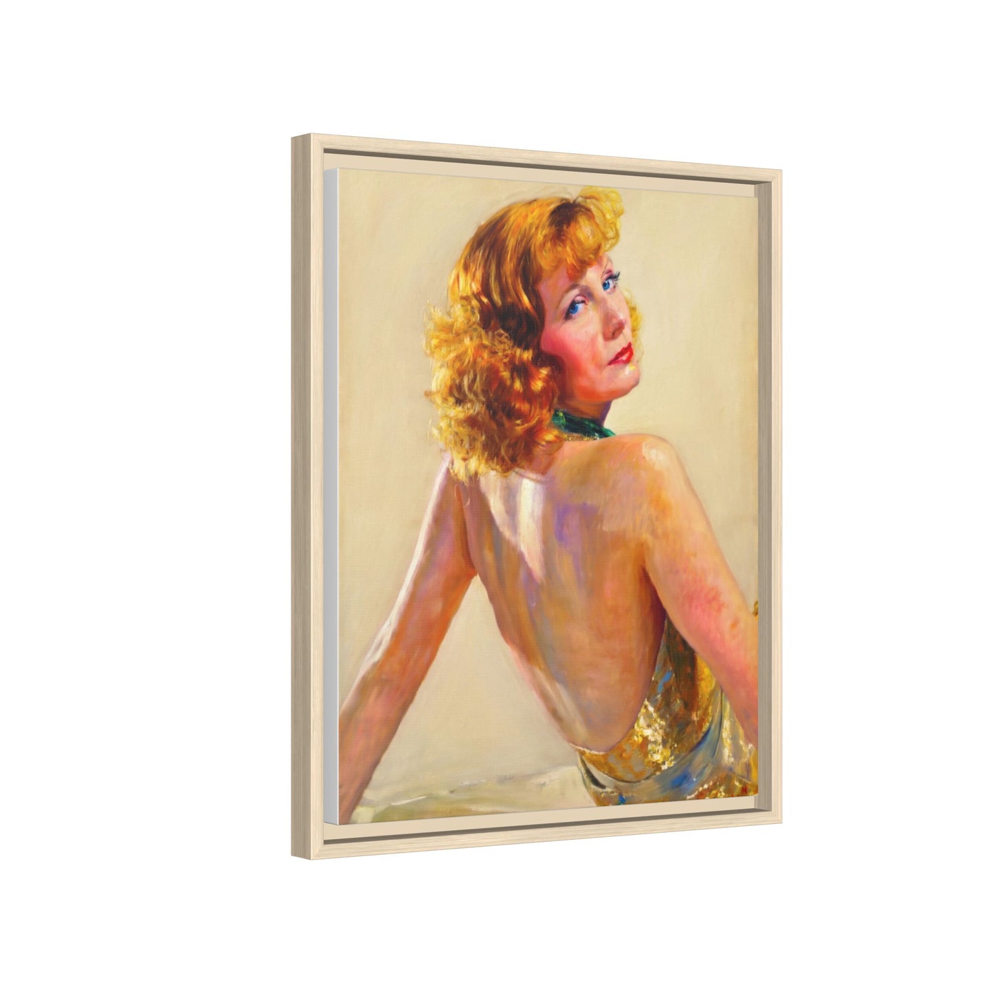Framed Matte Canvas Print — Vintage Portrait of Redhead Greta Garbo in Gold Dress