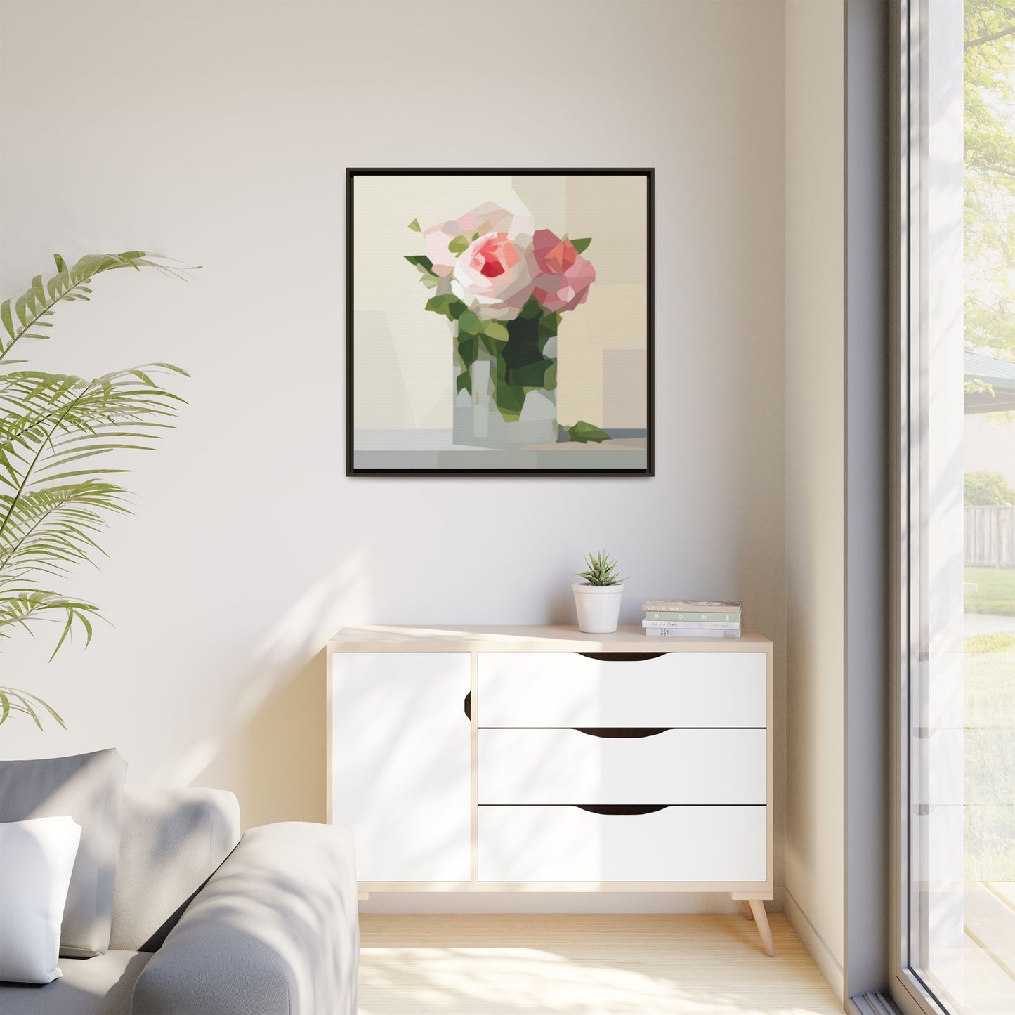 Framed Floral Canvas Print — Geometric Pink Rose Wall Art