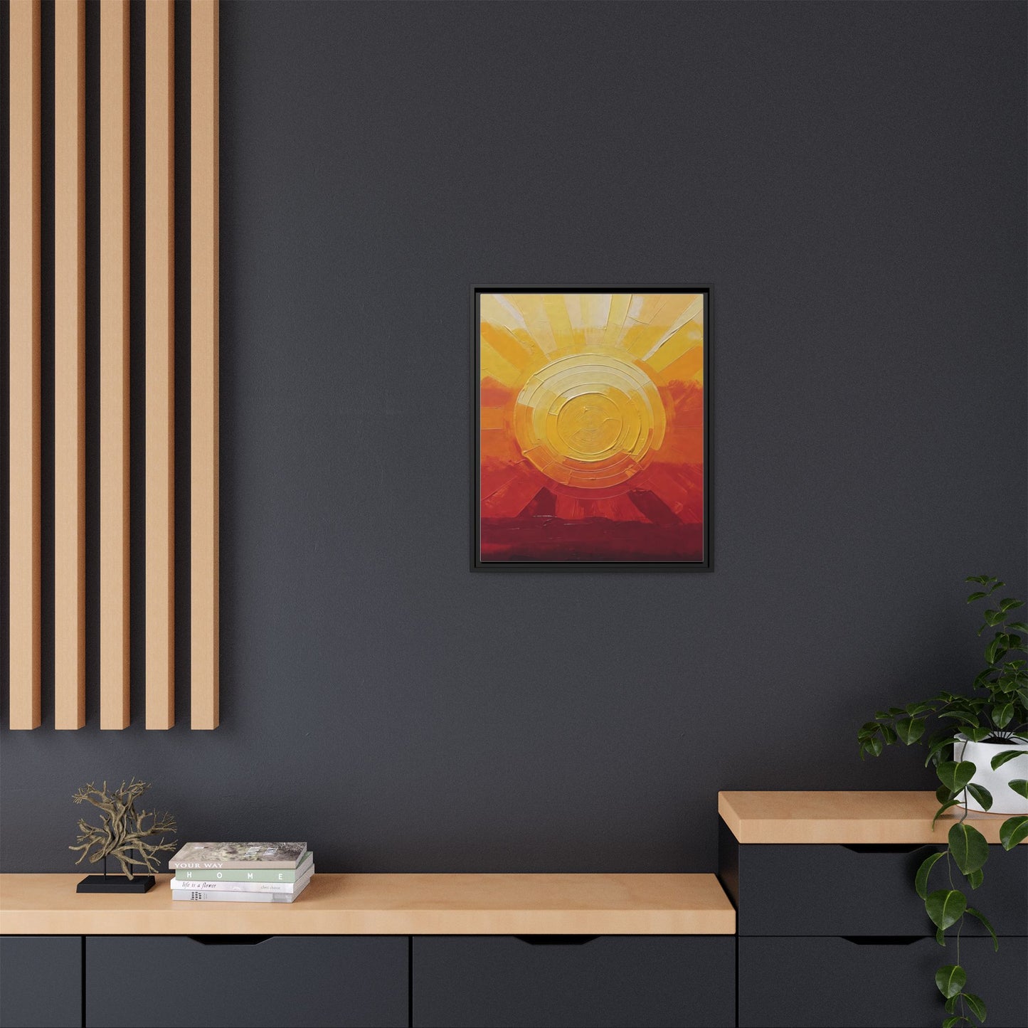 Sunburst Abstract Framed Canvas Art — Matte Multi‑Color Wall Print