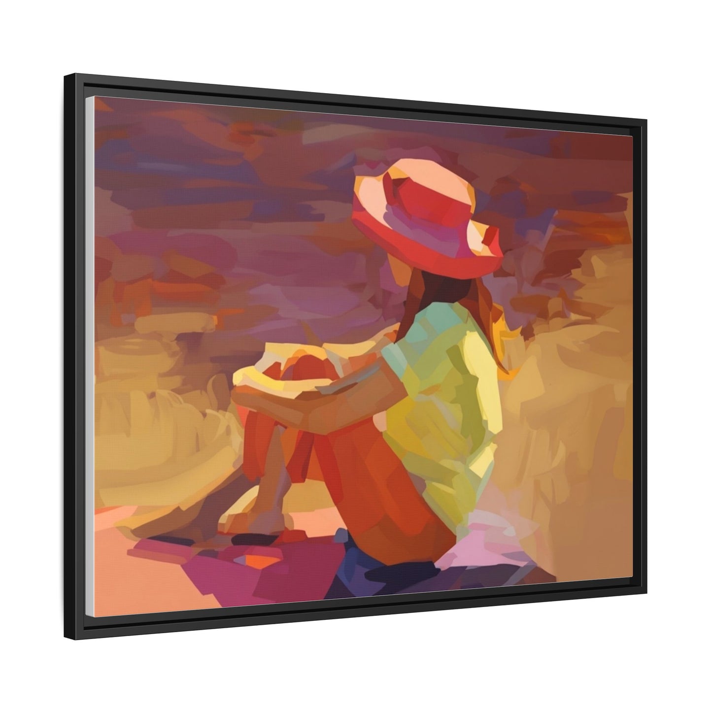 Framed Matte Canvas — Colorful Seated Girl Beach Art