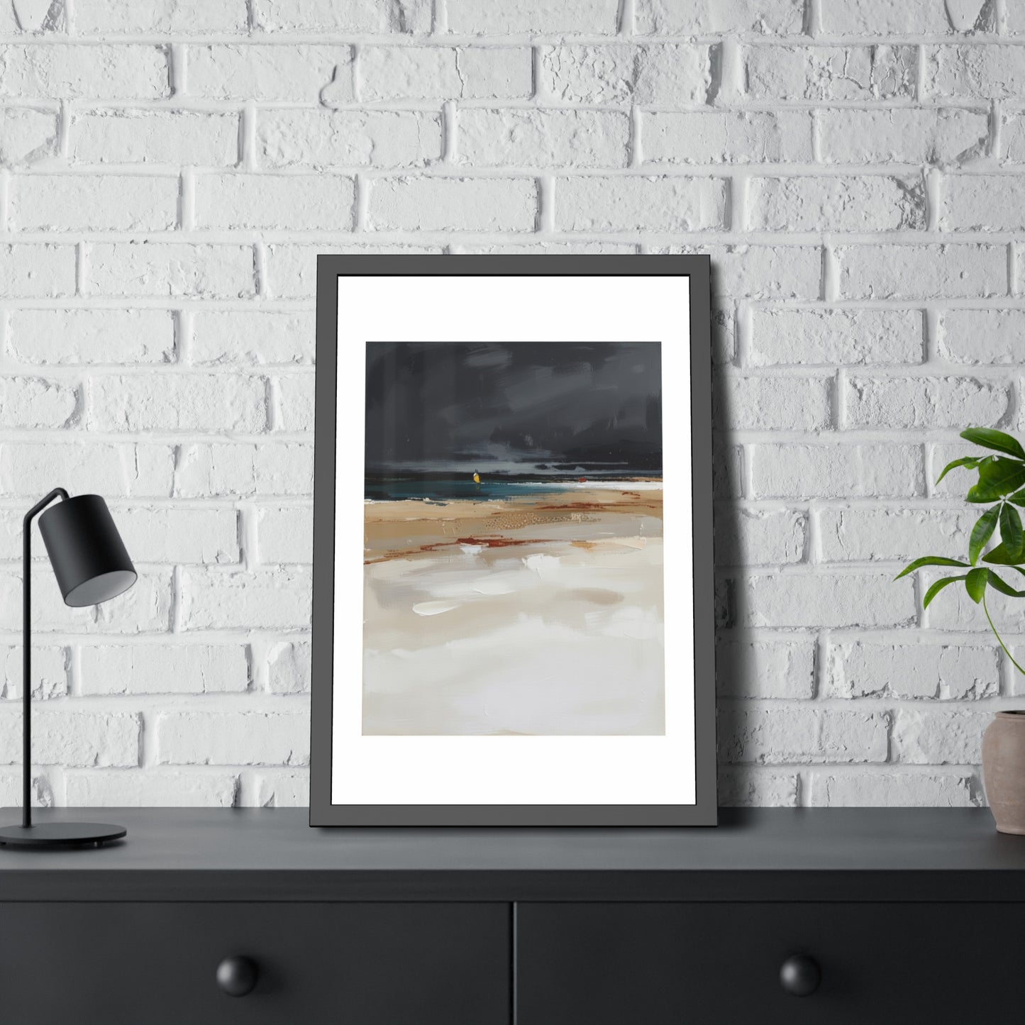 Framed Coastal Beach Print — Moody Seascape Poster in Black Frame