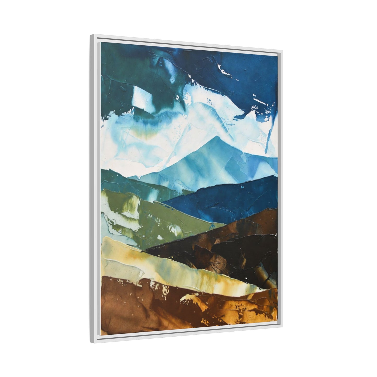 Framed Abstract Mountain Canvas Art — Blue & Earthtone Landscape Print