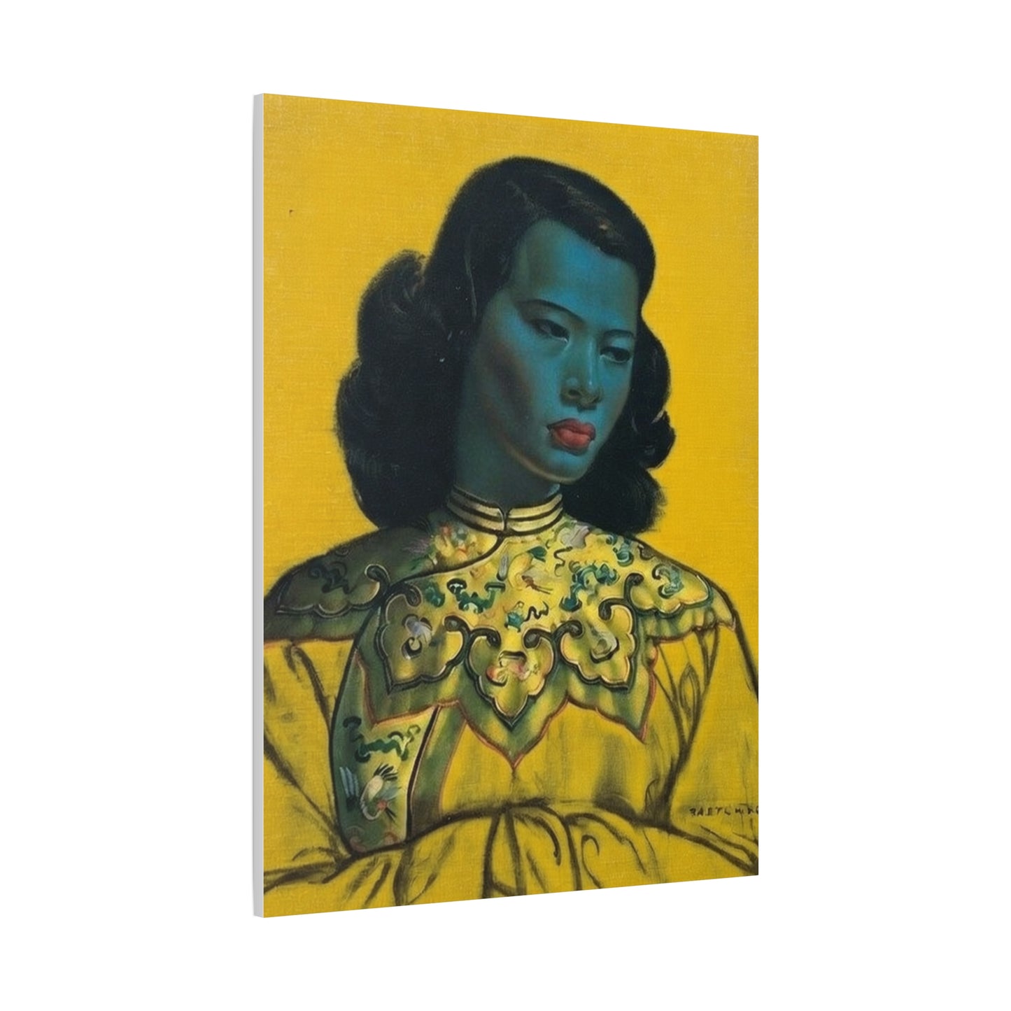 Vintage Portrait Canvas Print — Mid-Century Asian Woman Art on Yellow Background