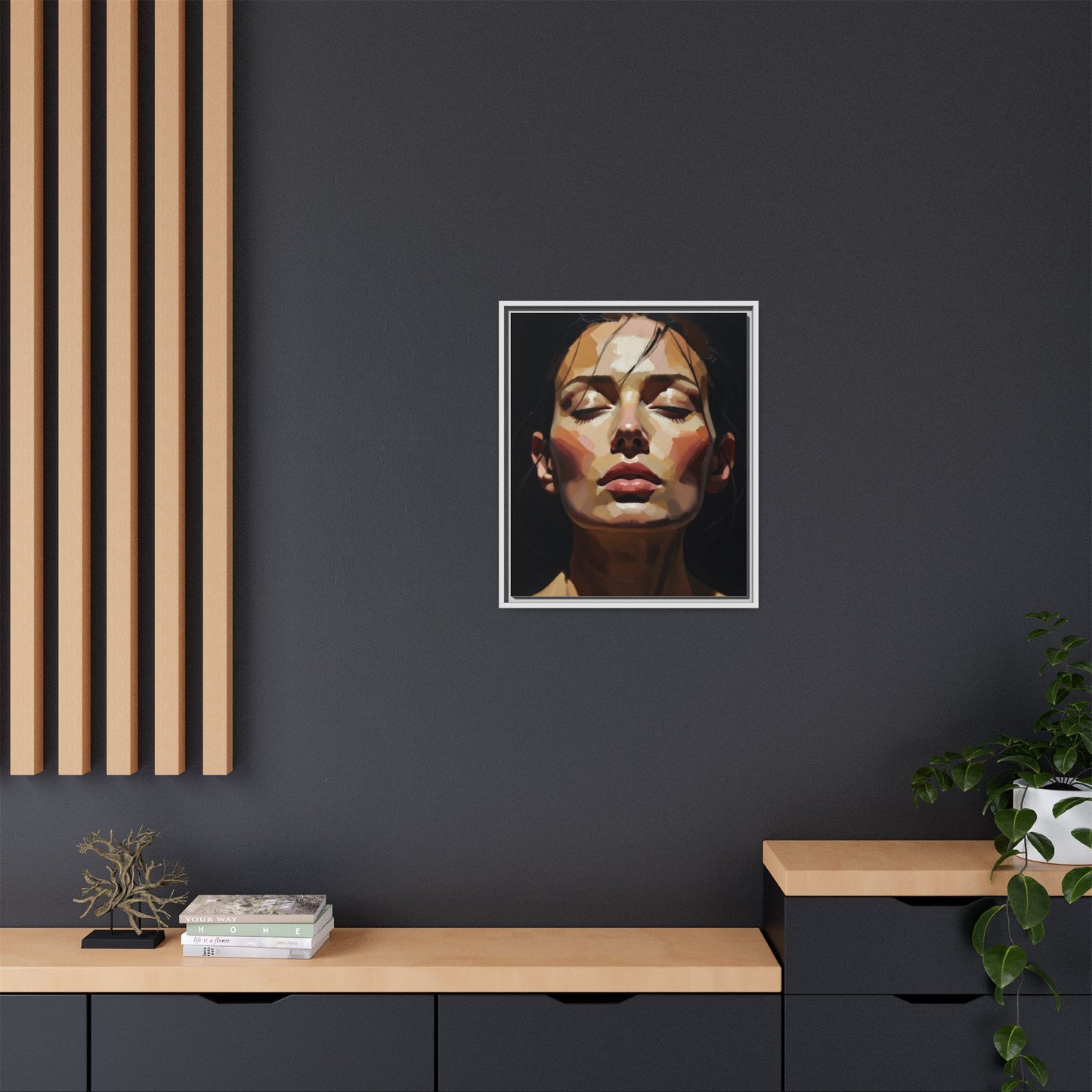 Framed Matte Canvas Portrait – Woman with Eyes Closed (Multi‑Color)