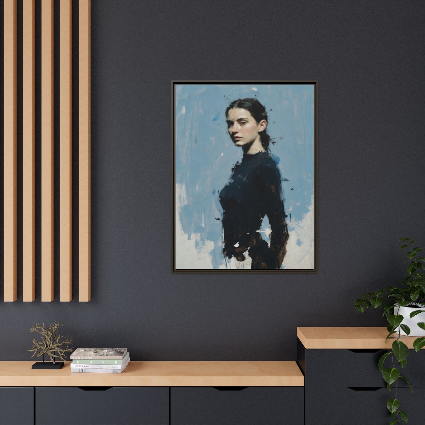 Framed Matte Canvas Portrait Print — Elegant Blue Woman Art