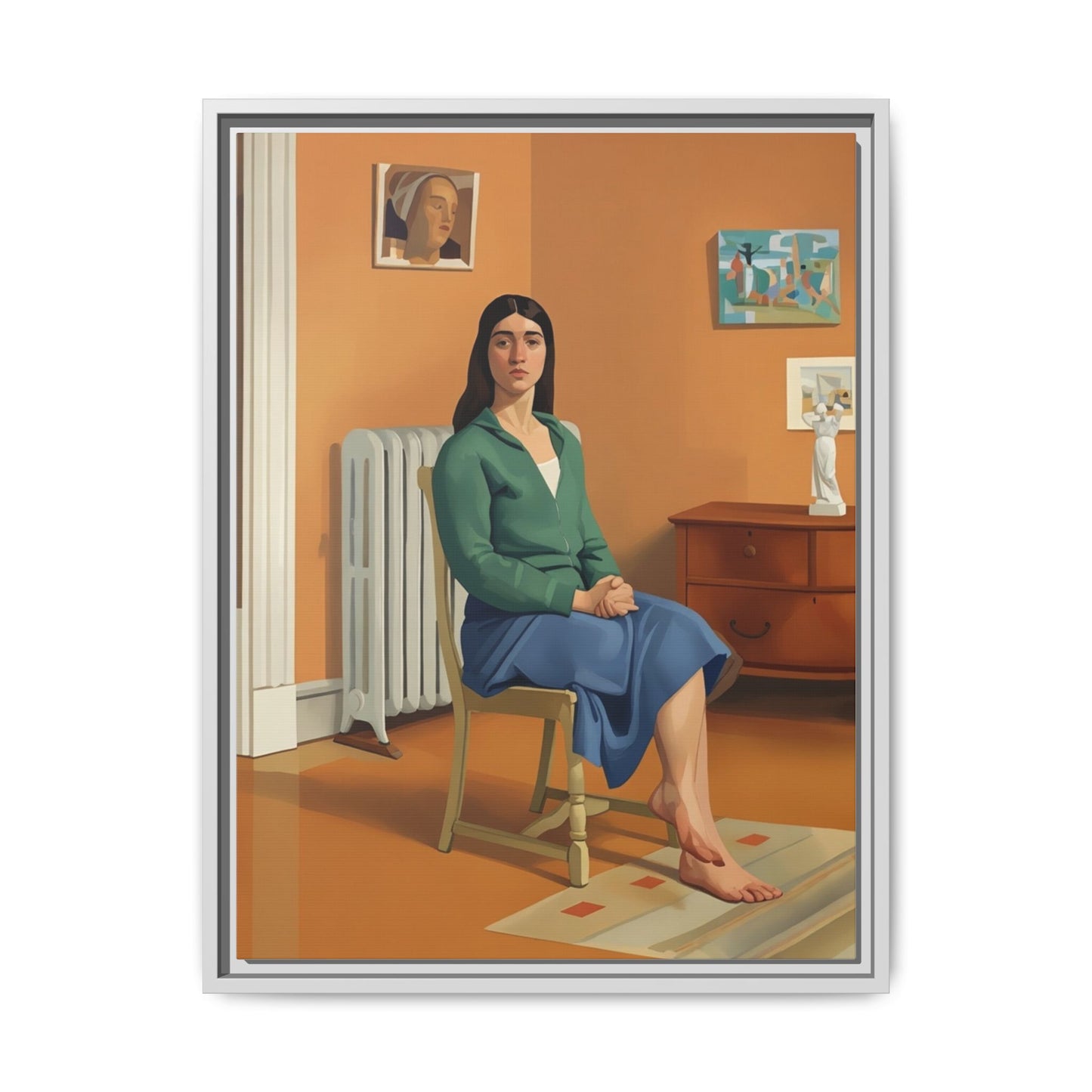 Framed Matte Canvas Print — Woman Seated in Warm Interior (Midcentury Portrait)