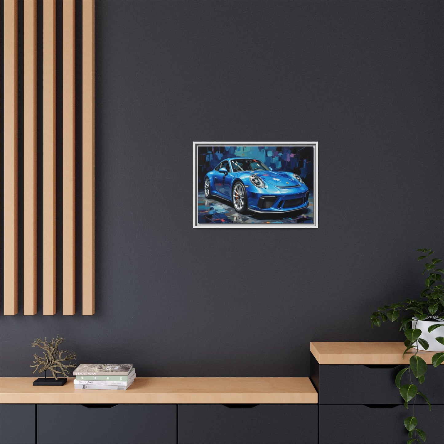 Blue Sports Car Matte Canvas Framed Print — Modern Automotive Wall Art