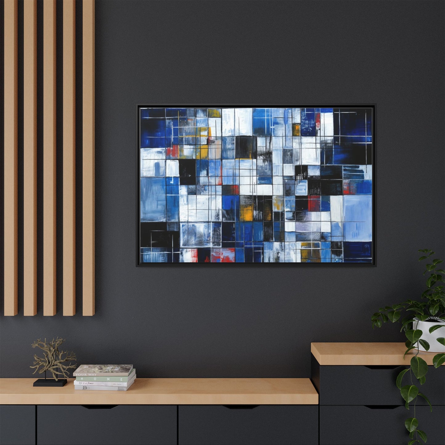 Abstract Blue Grid Matte Canvas Framed Art Print