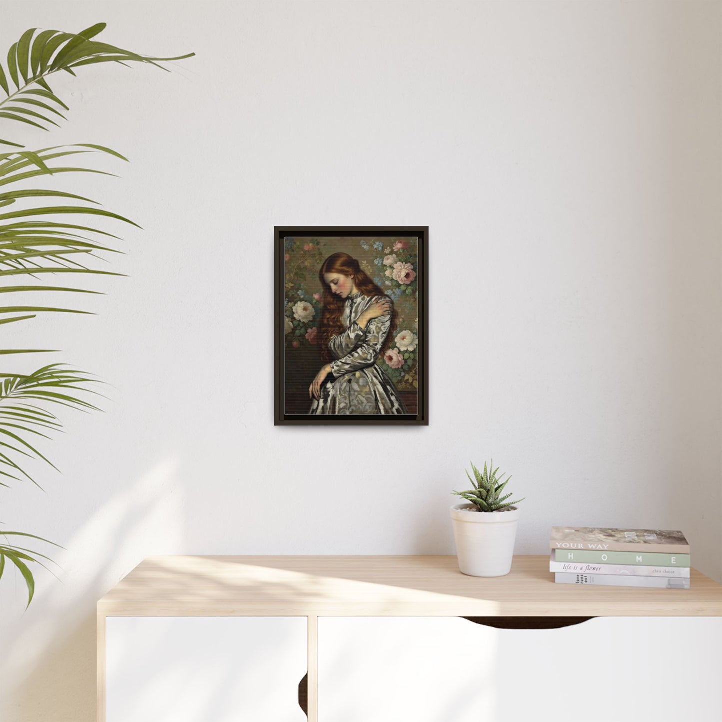 Framed Matte Canvas Art — Vintage Floral Portrait of a Young Woman