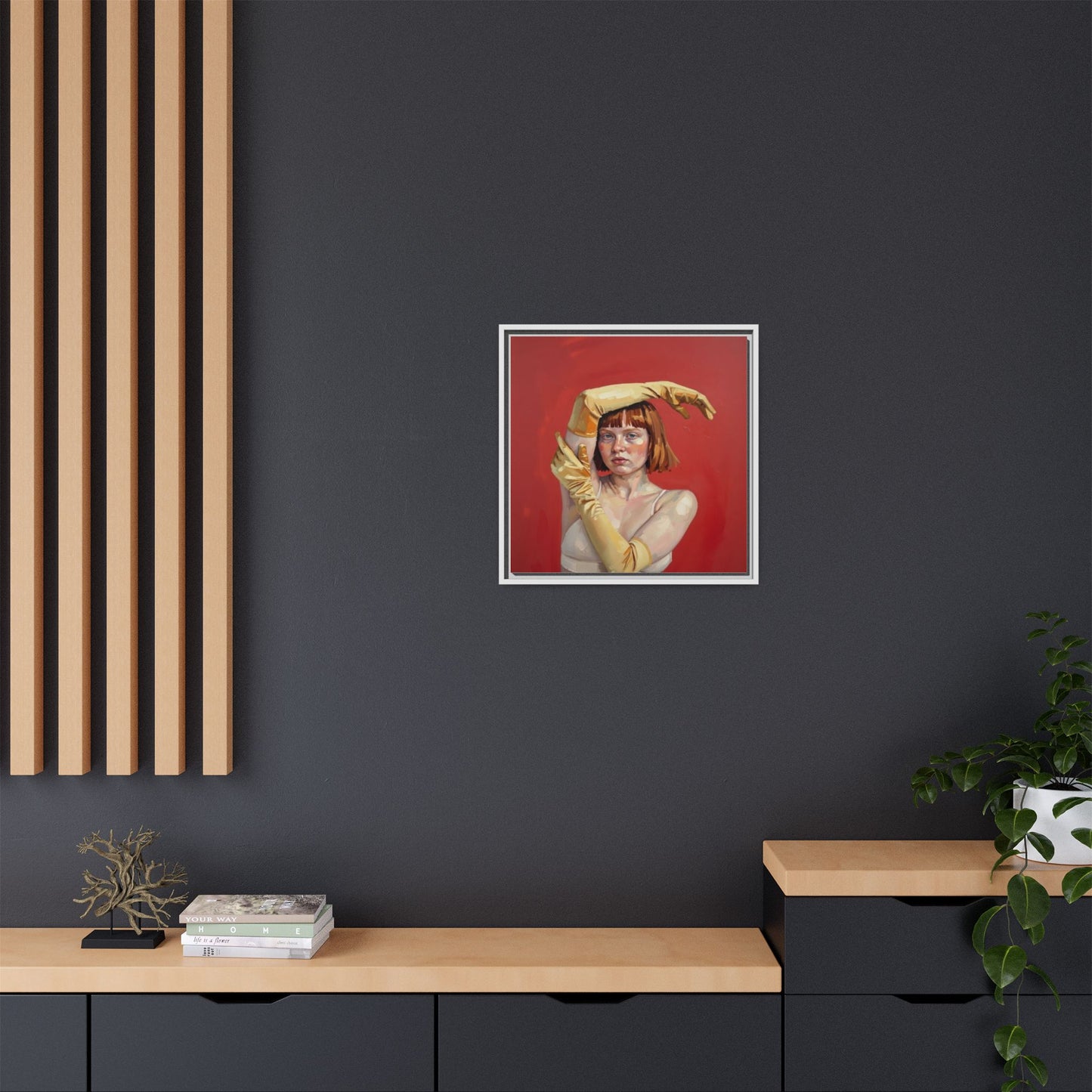 Framed Matte Canvas Art - Portrait of Woman in Yellow Gloves (Red Background)