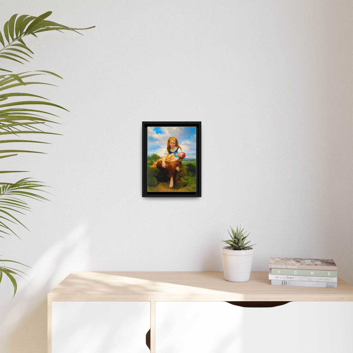 Young Girl Holding Sleeping Baby Canvas Print, Framed Wall Art