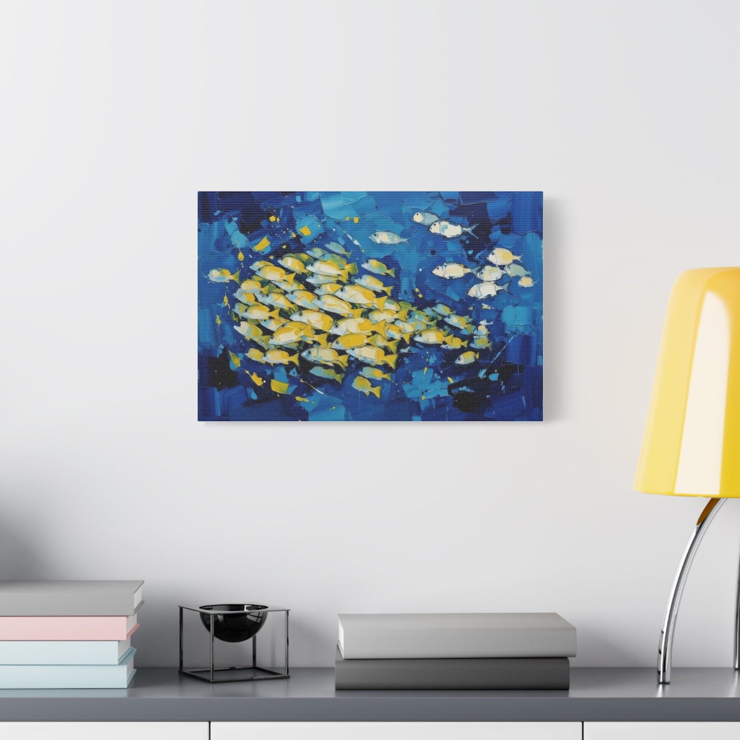 Canvas Wall Art - Blue School of Fish Matte Stretched Canvas