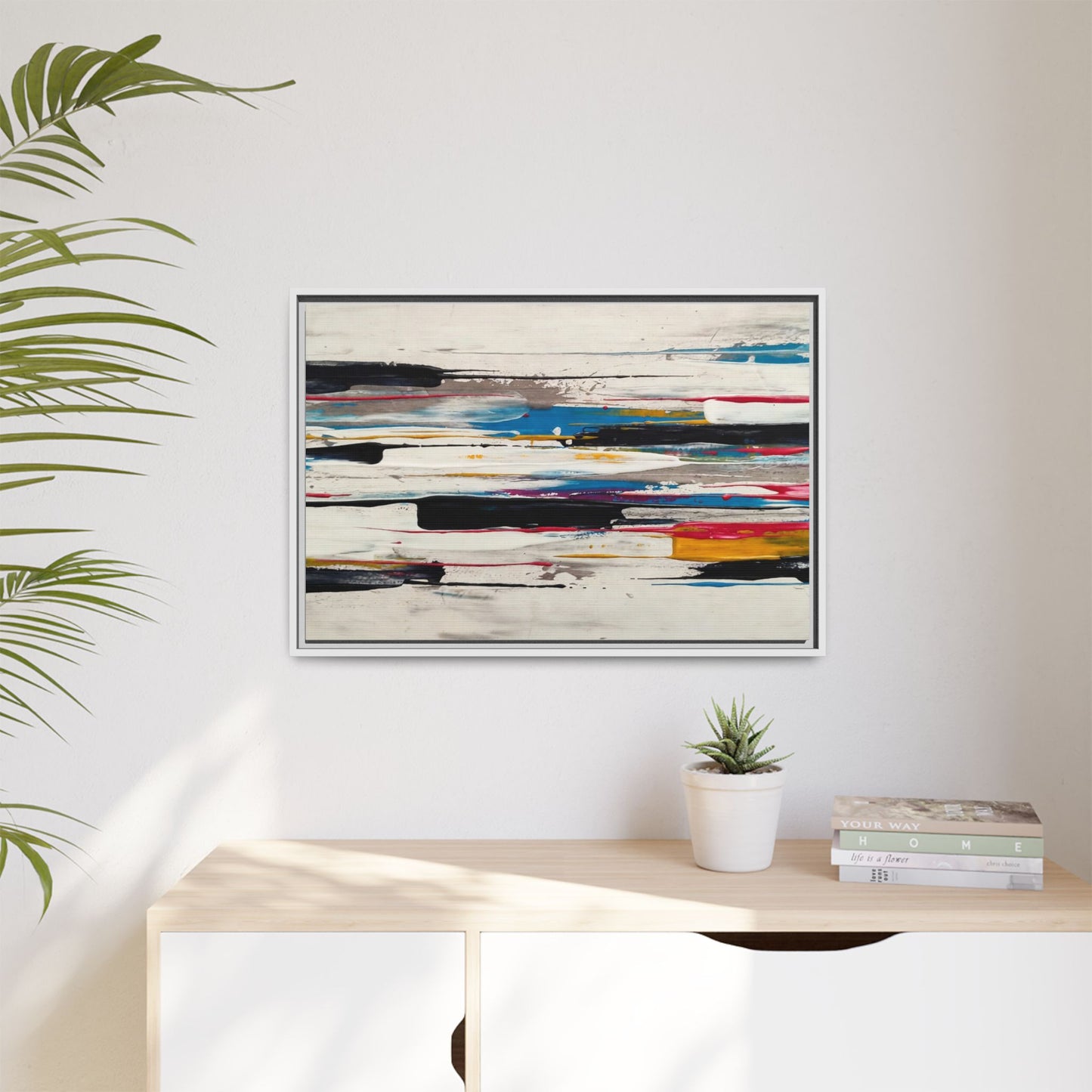 Abstract Multi-Color Framed Canvas Wall Art — Modern Horizontal Brushstroke Print